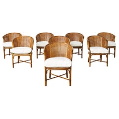 Set of Eight McGuire Rattan Caned Barrel Dining Chairs