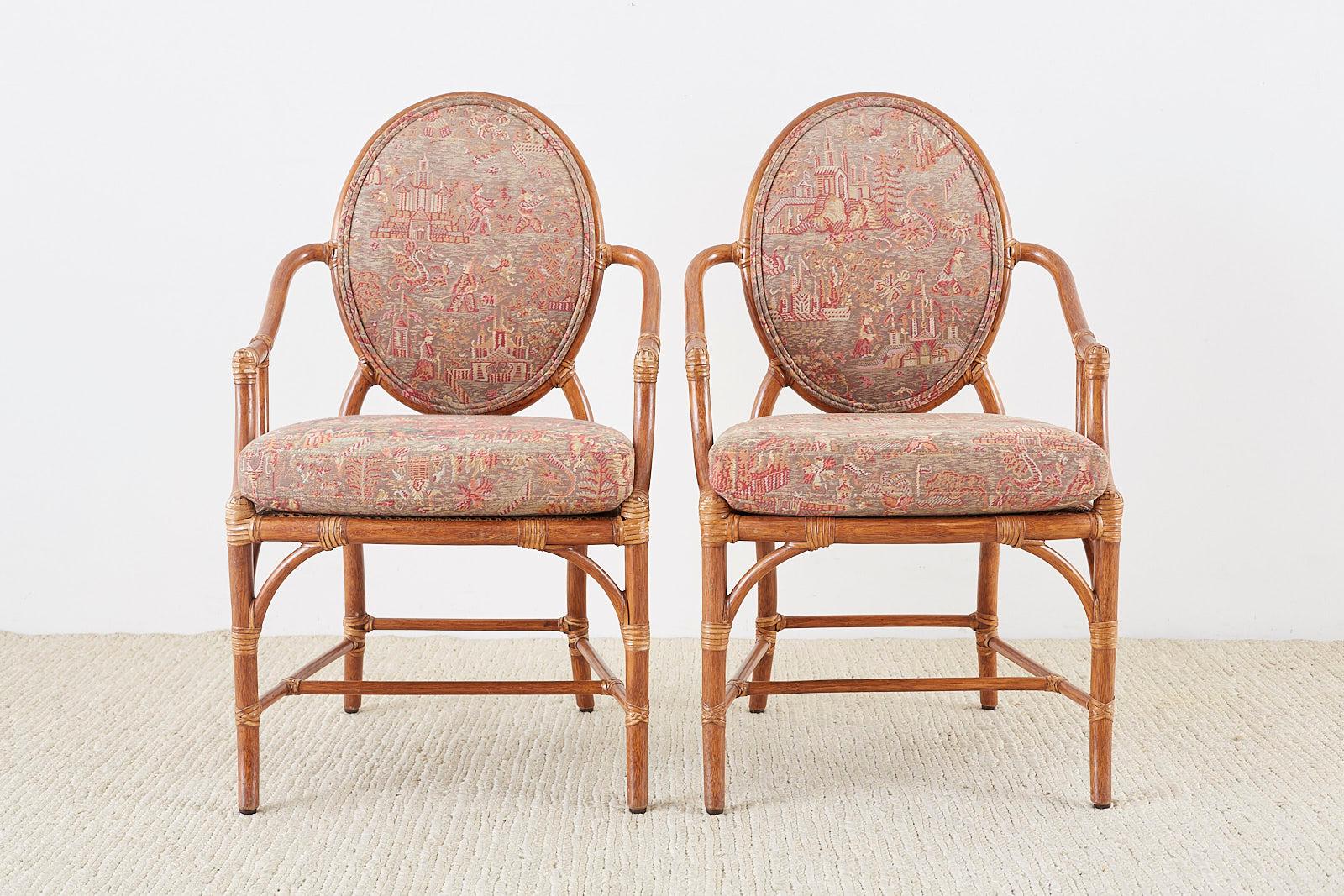 Organic Modern Set of Eight McGuire Rattan Chinoiserie Dining Armchairs