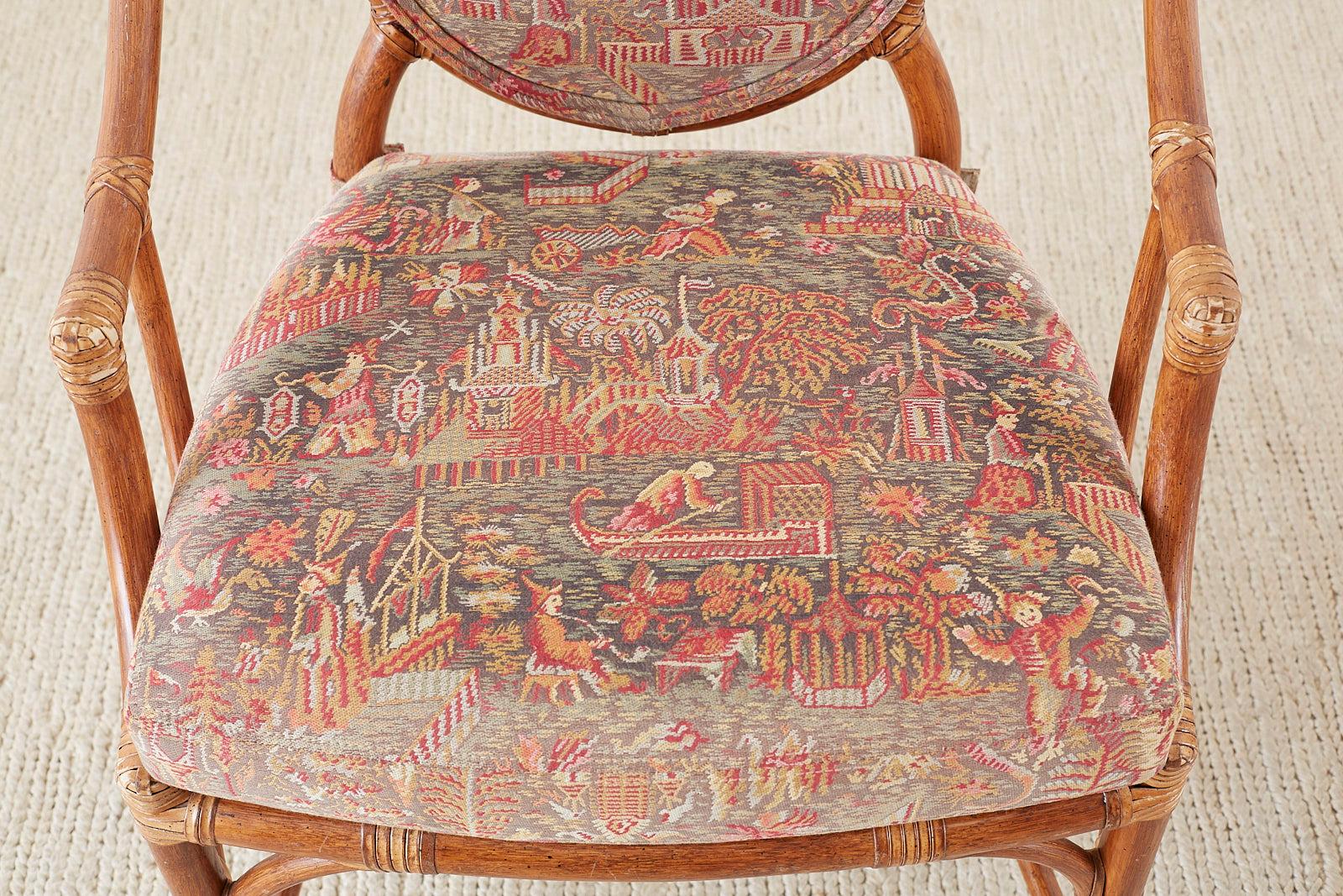 Leather Set of Eight McGuire Rattan Chinoiserie Dining Armchairs