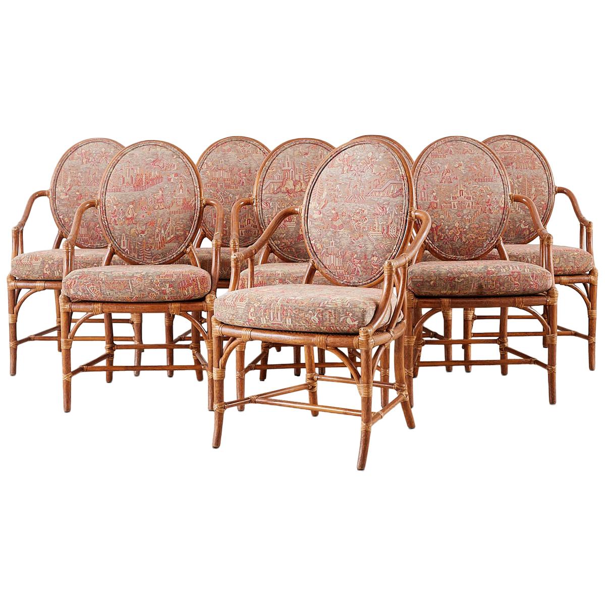 Set of Eight McGuire Rattan Chinoiserie Dining Armchairs