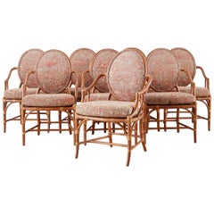 Set of Eight McGuire Rattan Chinoiserie Dining Armchairs