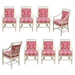 Set of Eight McGuire Rattan Target Arm Chairs or Dining Chairs Upholstered Back