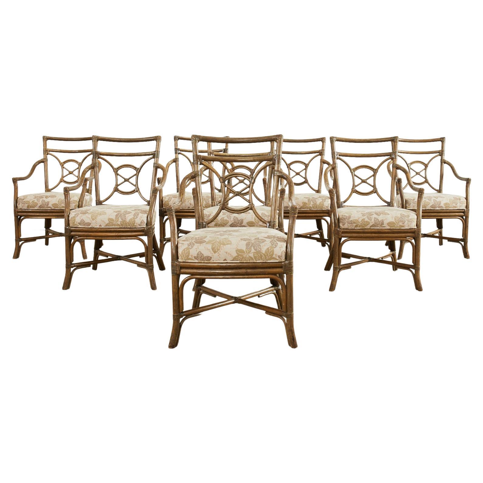 Set of Eight McGuire Style Rattan Target Dining Armchairs
