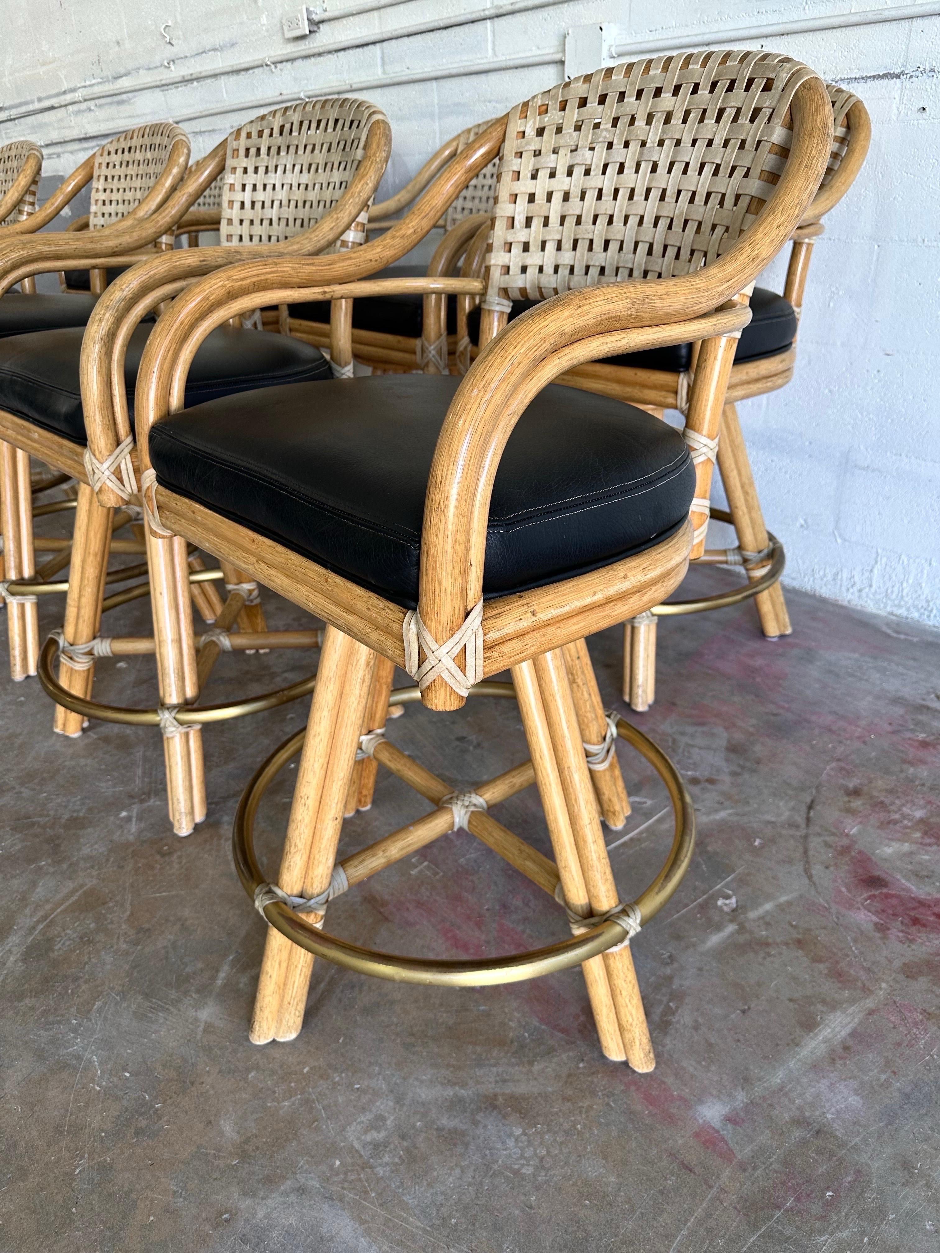 Set of Eight McGuire Swivel Rattan Bar Stools For Sale 2
