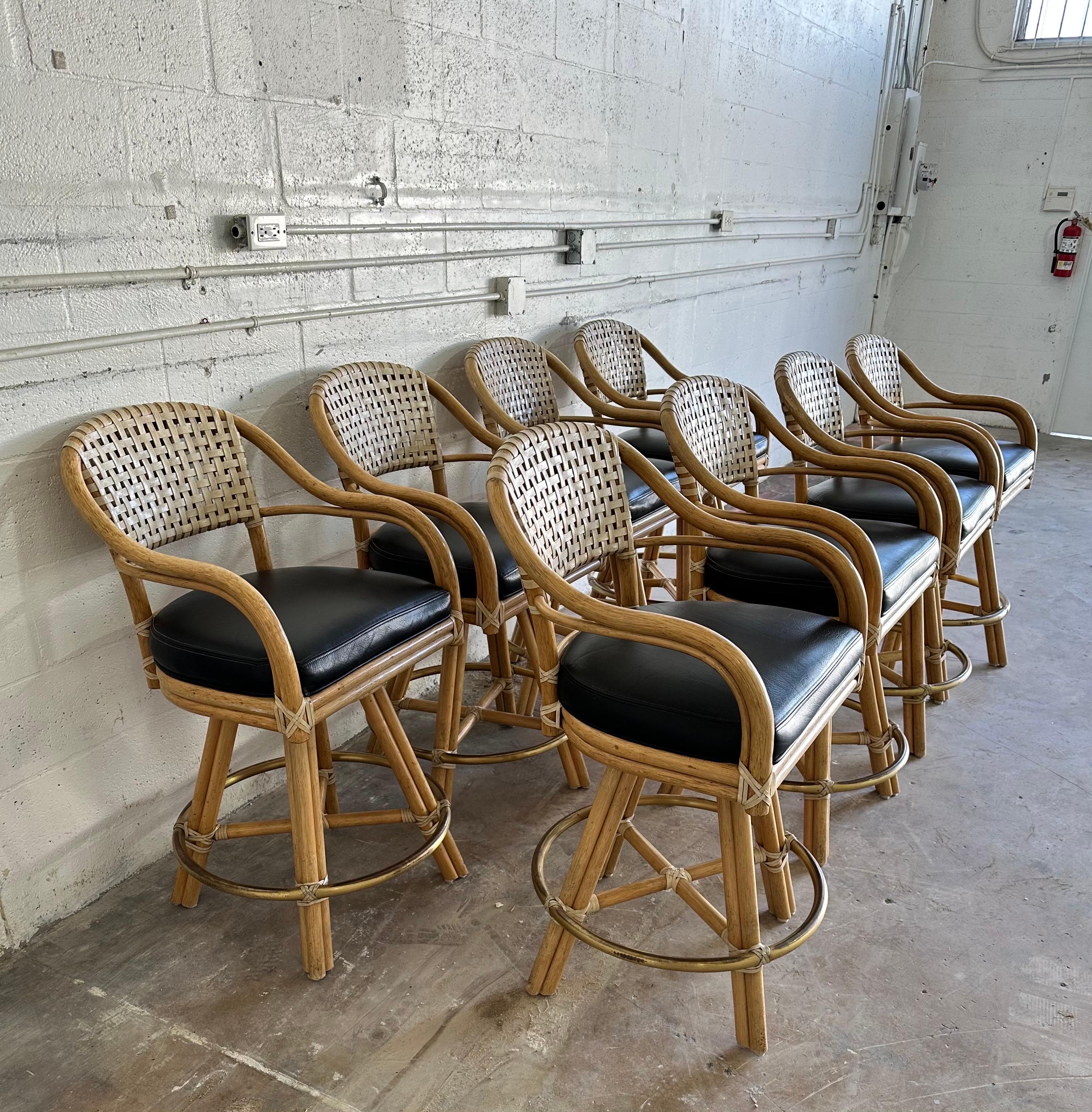 American Set of Eight McGuire Swivel Rattan Bar Stools For Sale