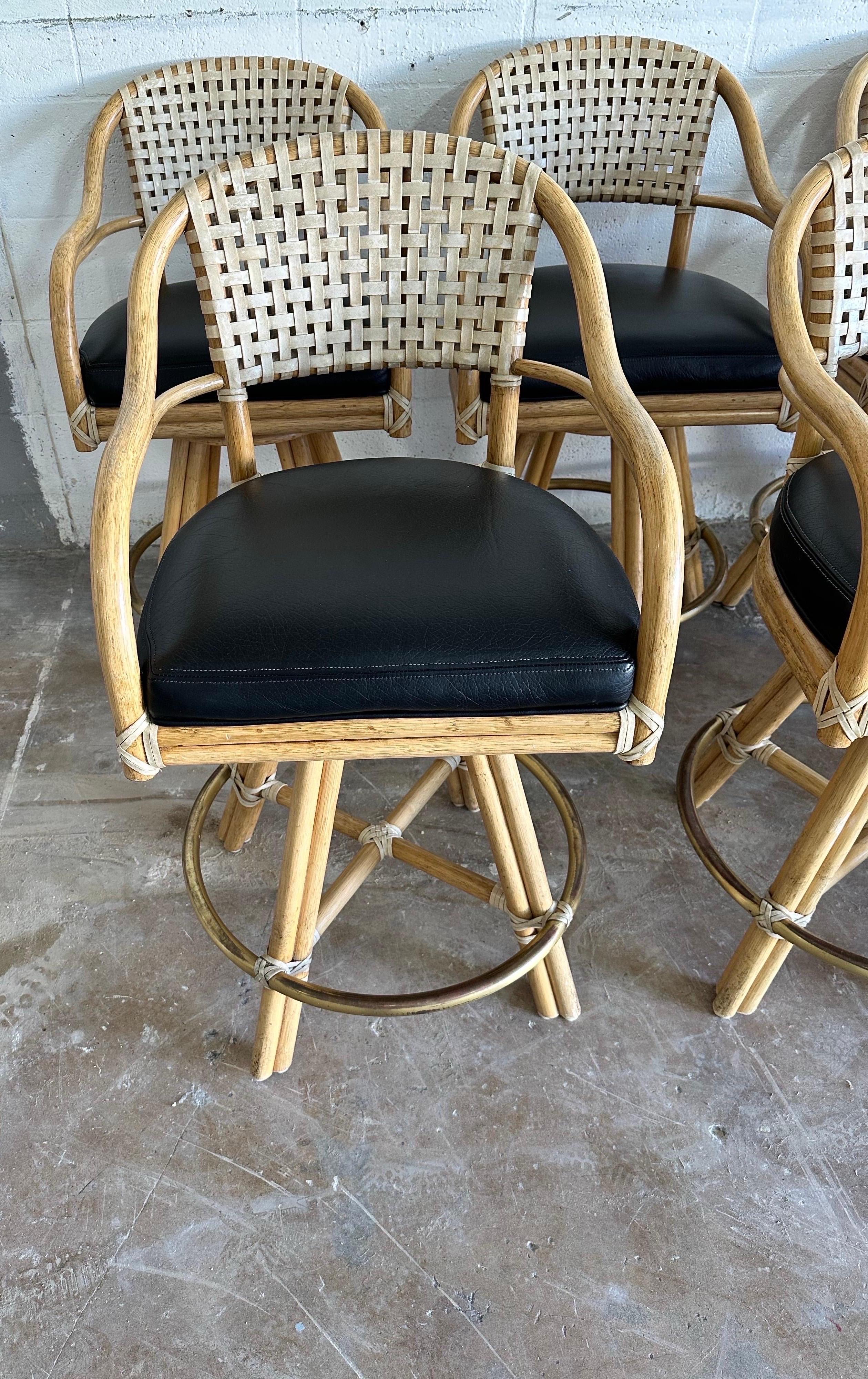 American Set of Eight McGuire Swivel Rattan Bar Stools For Sale