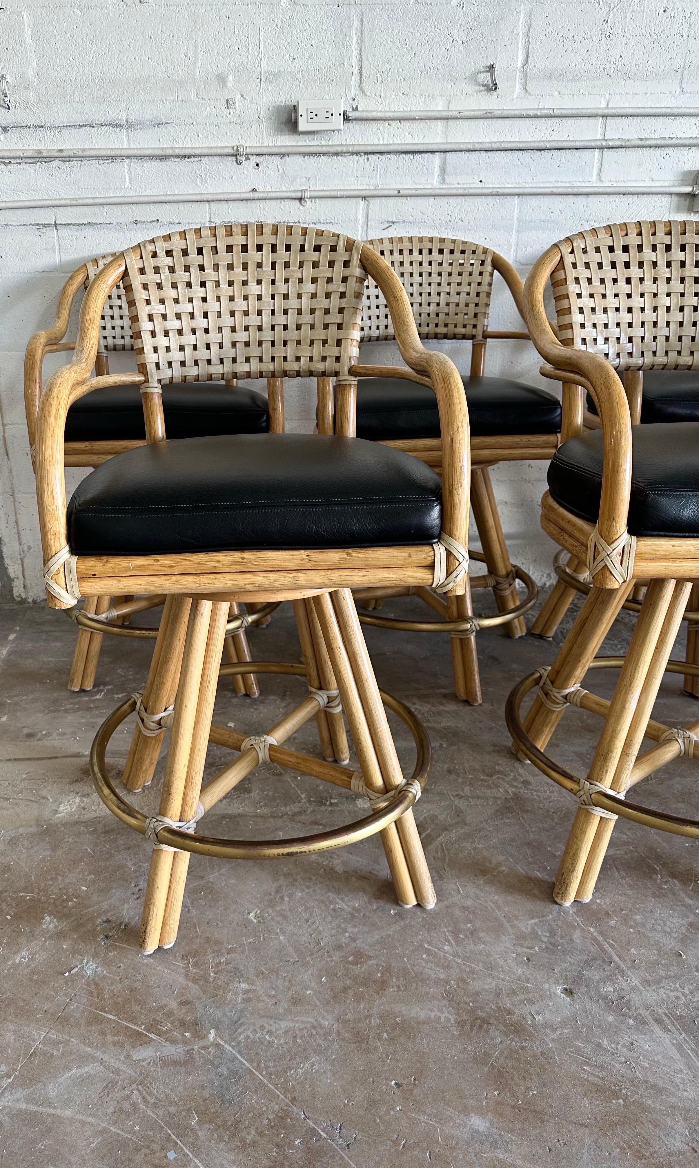Set of Eight McGuire Swivel Rattan Bar Stools In Good Condition For Sale In Miami, FL
