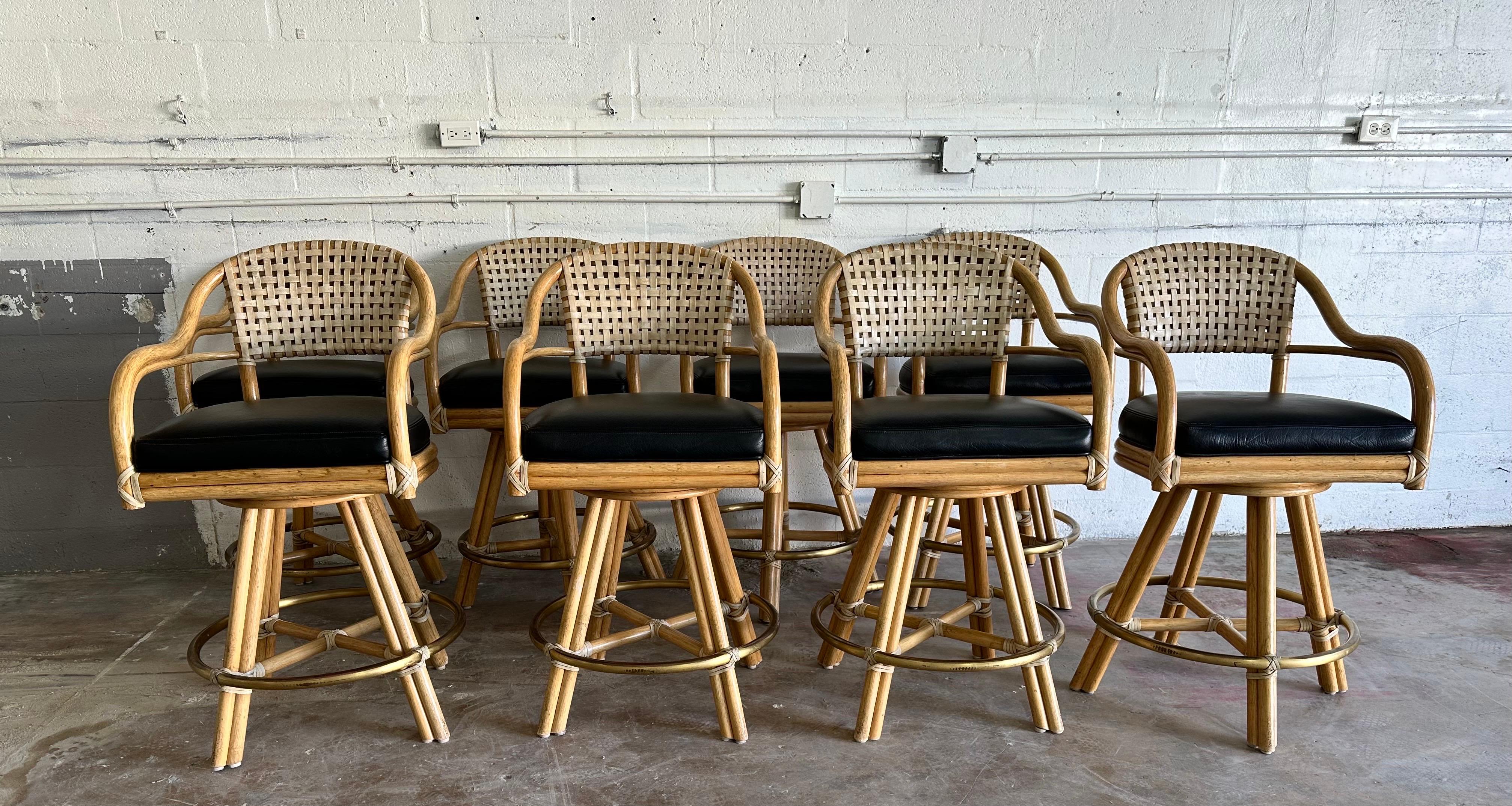 Brass Set of Eight McGuire Swivel Rattan Bar Stools For Sale