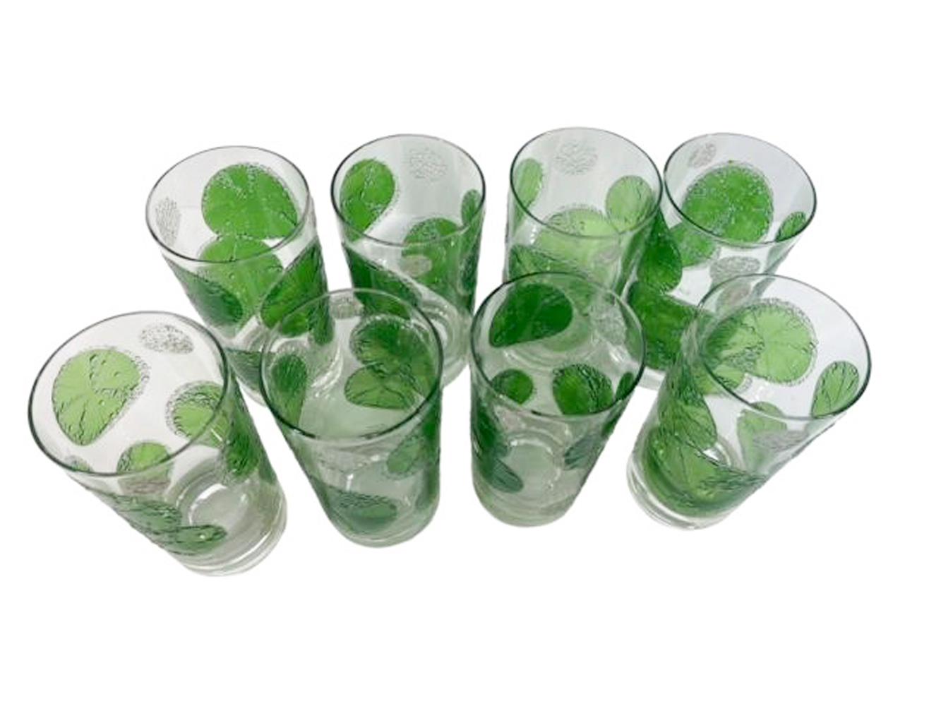 Vintage set of 8 Fred Press glasses with translucent green lime slices embellished with raised beads of clear frosted edges resembling water beads and bubbles, together with a rectangular handled caddy with a gold-toned finish.
