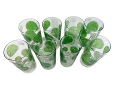 Set of Eight MCM Fred Press "Lime" Highball Glasses with Gold-tone Wire Caddy