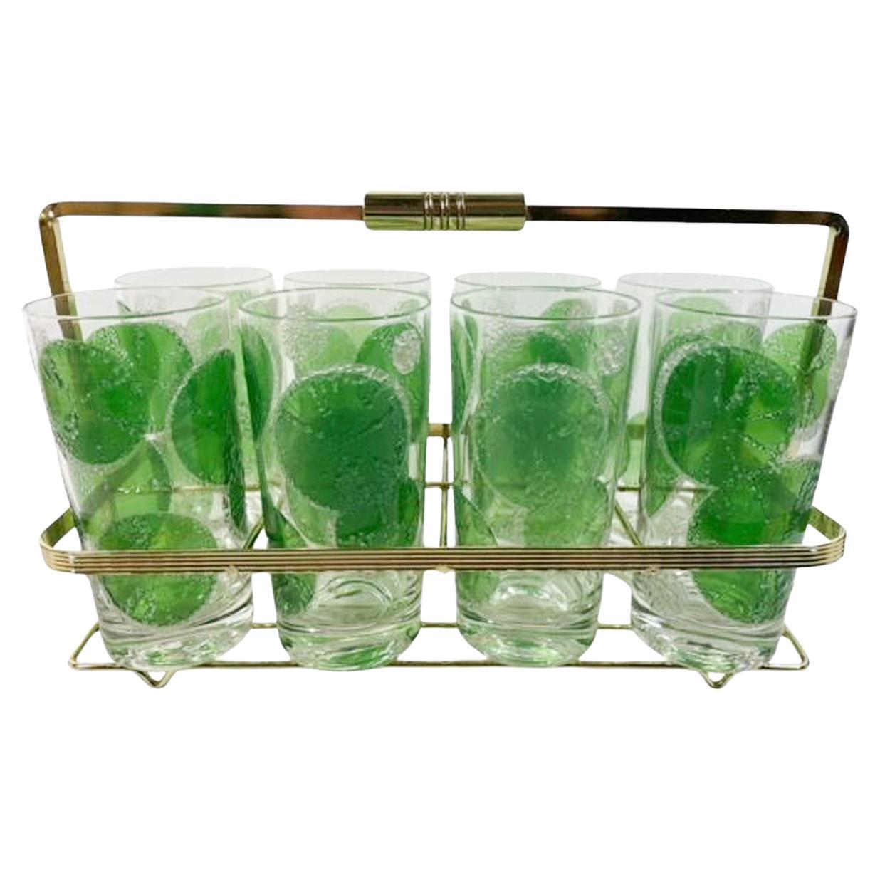 Set of Eight MCM Fred Press "Lime" Highball Glasses with Gold-tone Wire Caddy