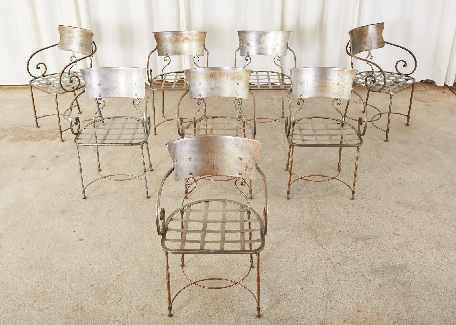 Regency Set of Eight Metal Garden Dining Armchairs by Arhaus For Sale