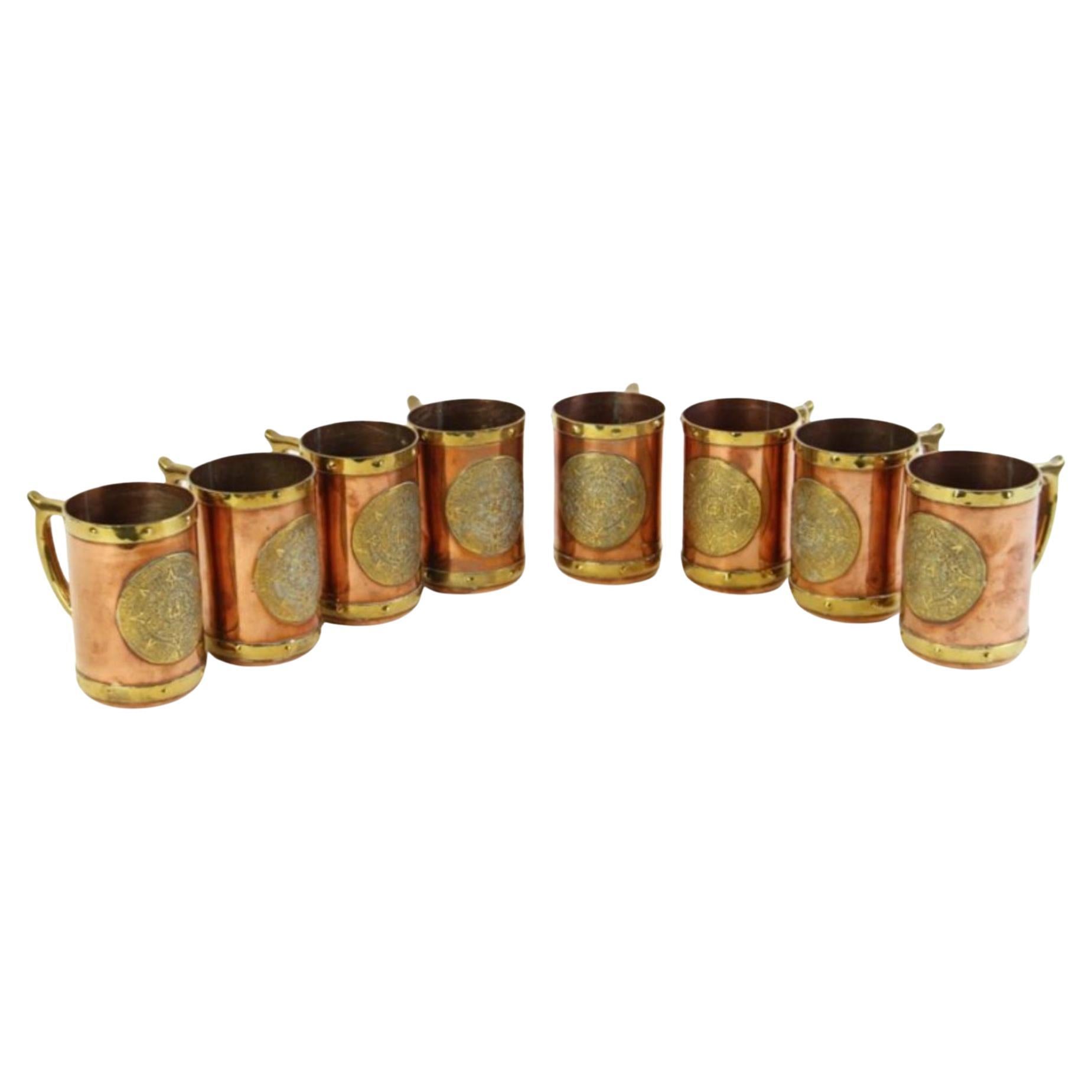 Set of Eight Mexican Copper and Brass Mugs