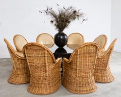 Set of Eight Michael Taylor Style Rattan Leather Dining Chairs