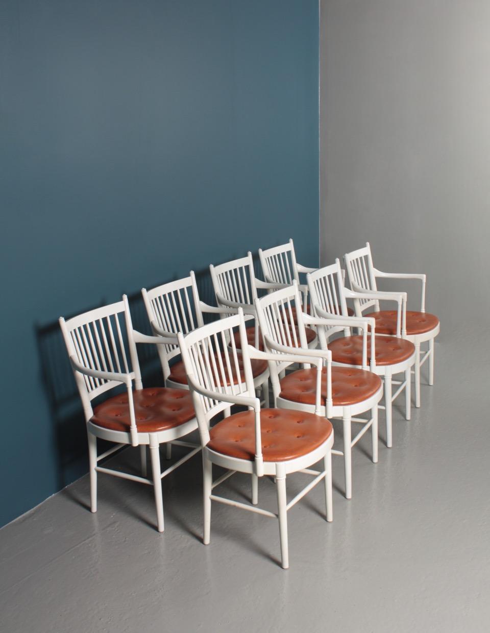 Scandinavian Modern Set of Eight Midcentury Armchairs with Patinated Leather seats by Wiinblad