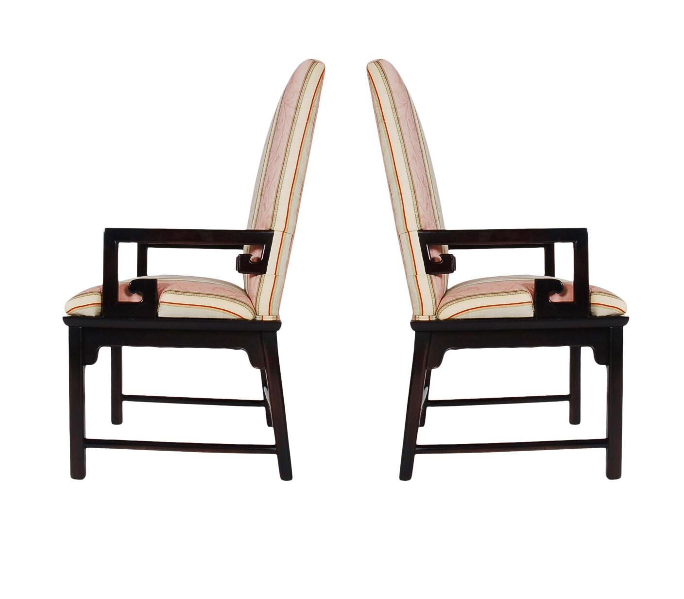 American Set of Eight Midcentury Asian Modern Upholstered Chinoiserie Dining Chairs For Sale