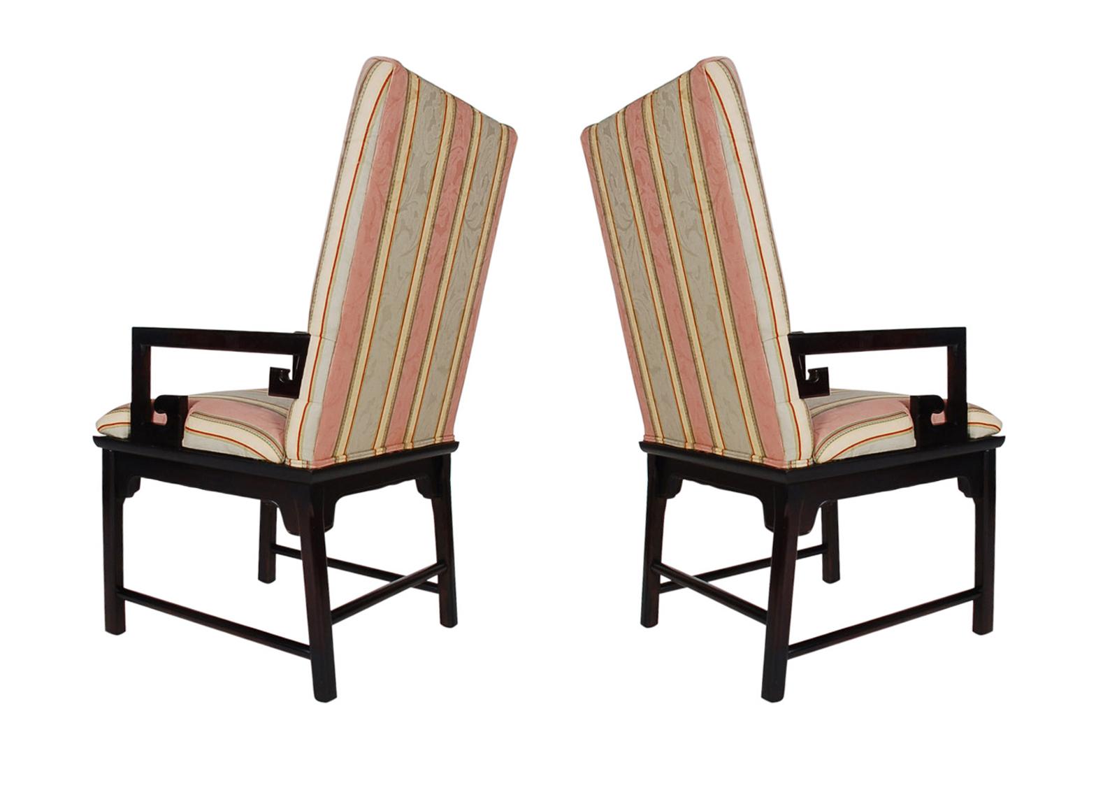 Fabric Set of Eight Midcentury Asian Modern Upholstered Chinoiserie Dining Chairs For Sale