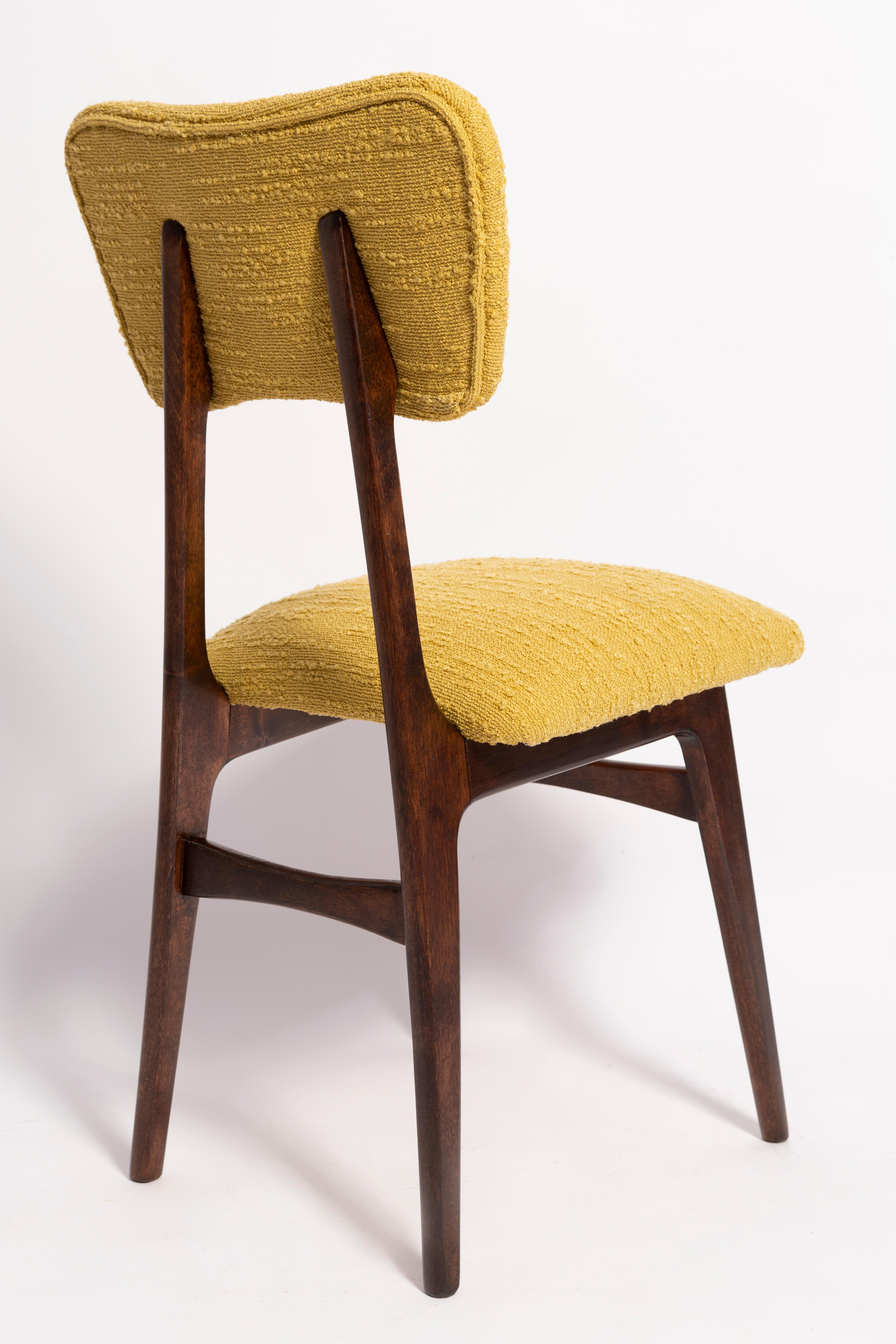 Hand-Crafted Set of Eight Mid Century Butterfly Dining Chairs, Yellow Boucle, Europe, 1960s For Sale