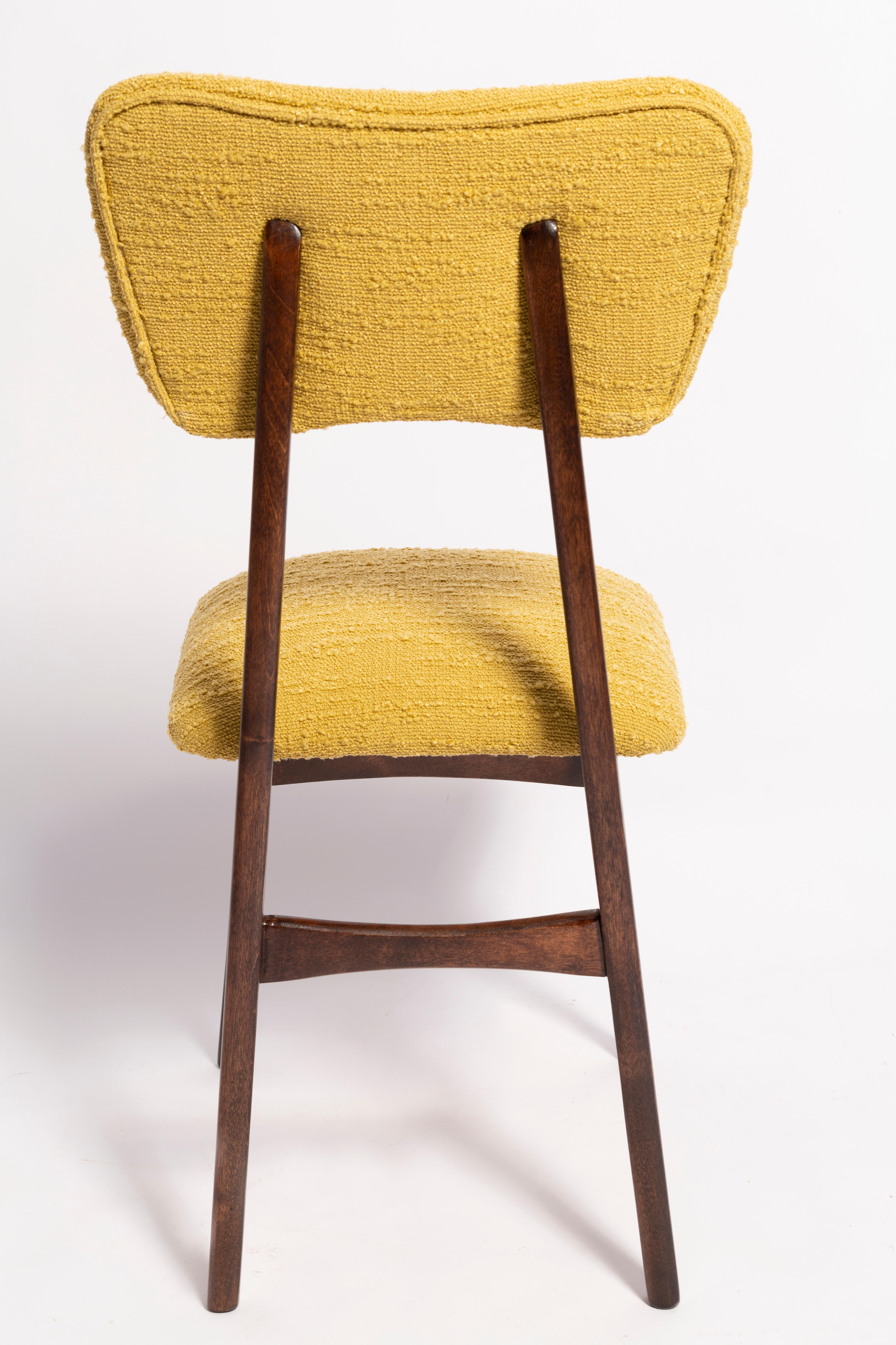 Fabric Set of Eight Mid Century Butterfly Dining Chairs, Yellow Boucle, Europe, 1960s For Sale