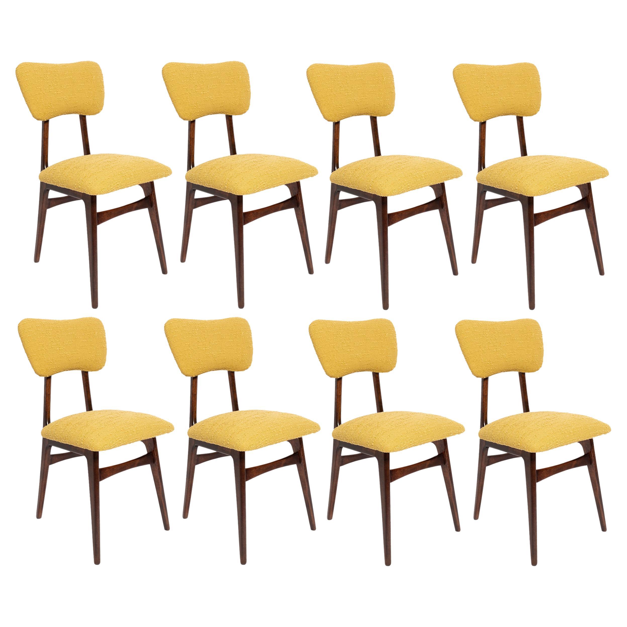 Set of Eight Mid Century Butterfly Dining Chairs, Yellow Boucle, Europe, 1960s