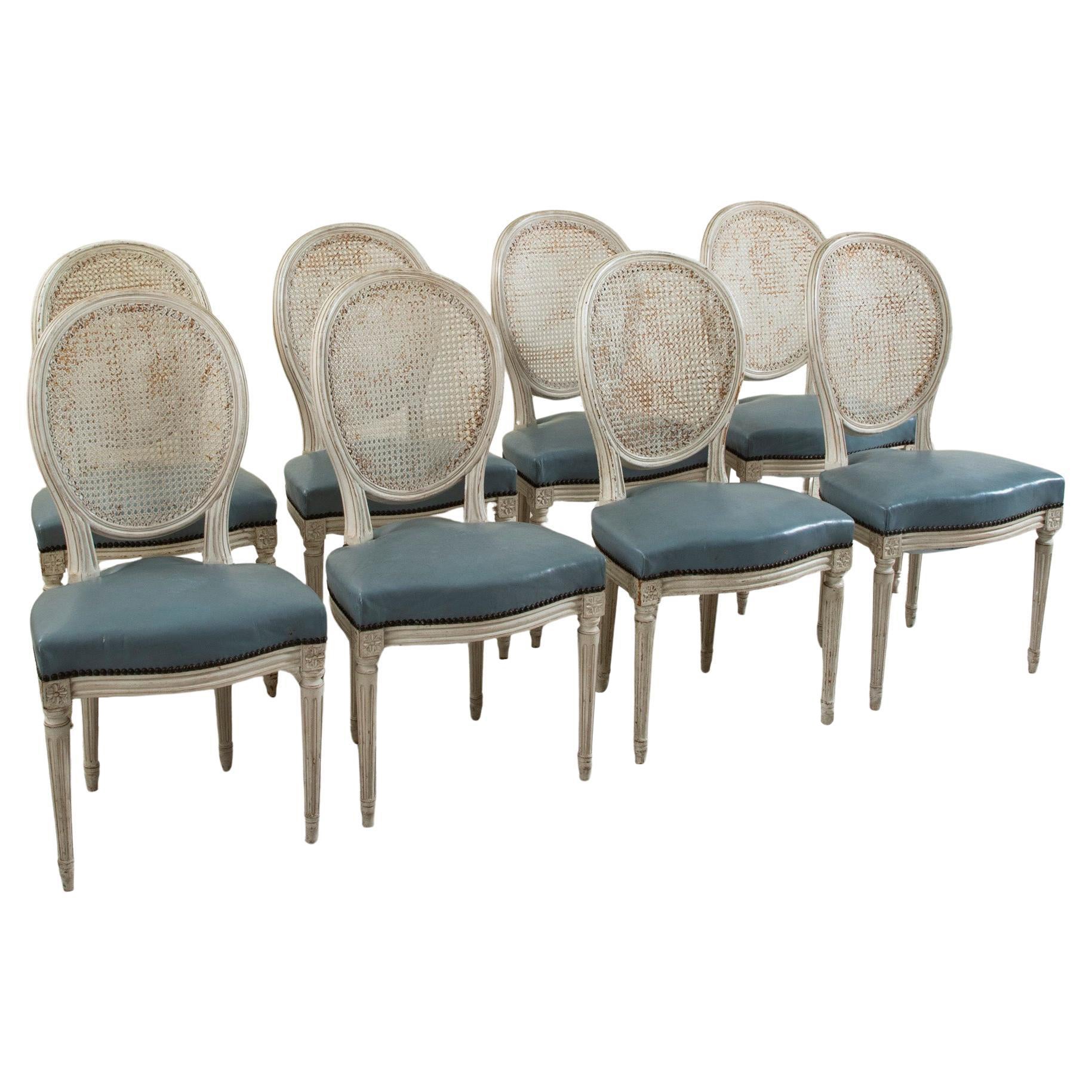 Set of Eight Mid-Century French Louis XVI Style Painted Dining Chairs, Caning For Sale