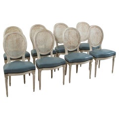 Set of Eight Mid-Century French Louis XVI Style Painted Dining Chairs, Caning