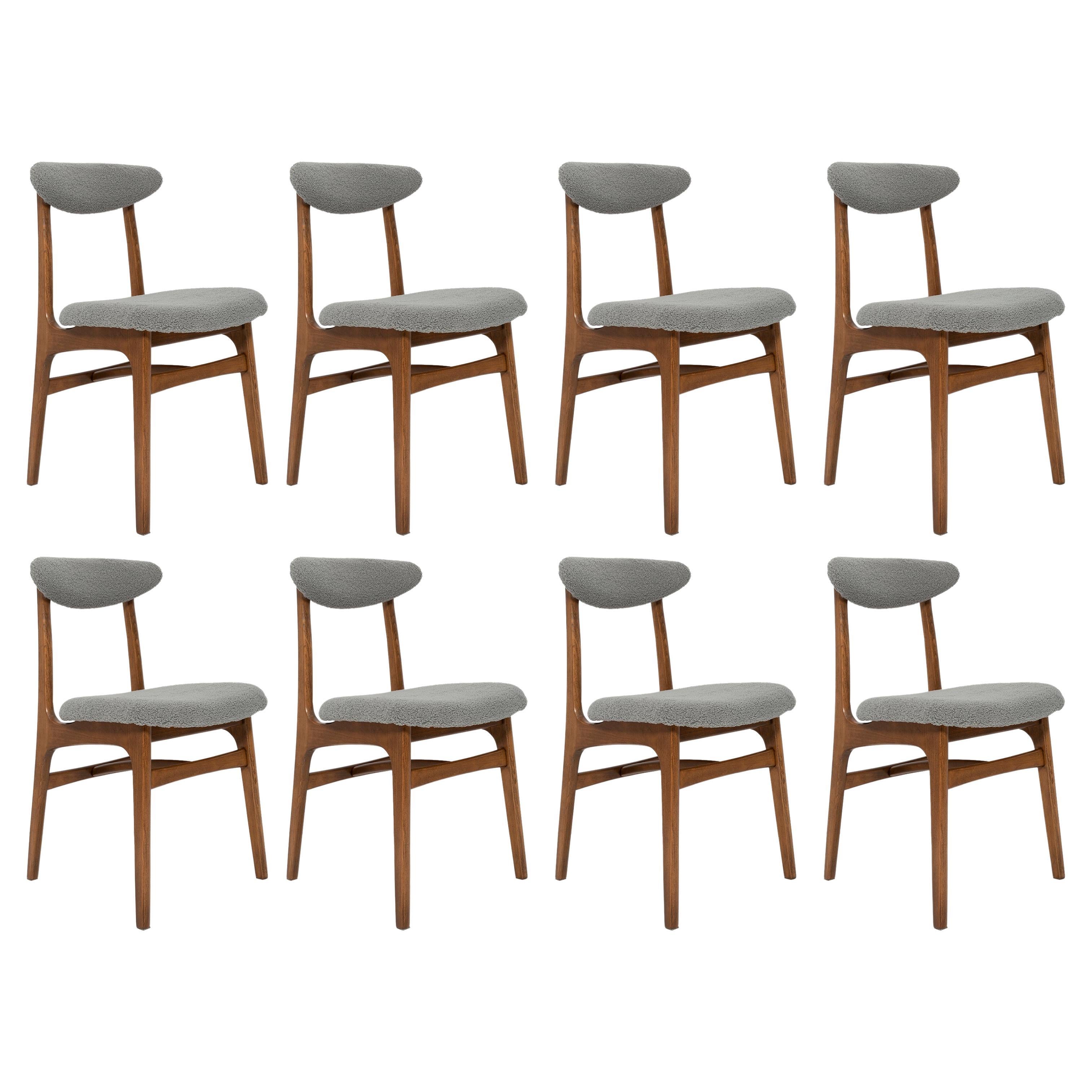 Set of Eight Mid Century Gray Boucle Chairs by Rajmund Halas, Poland, 1960s For Sale