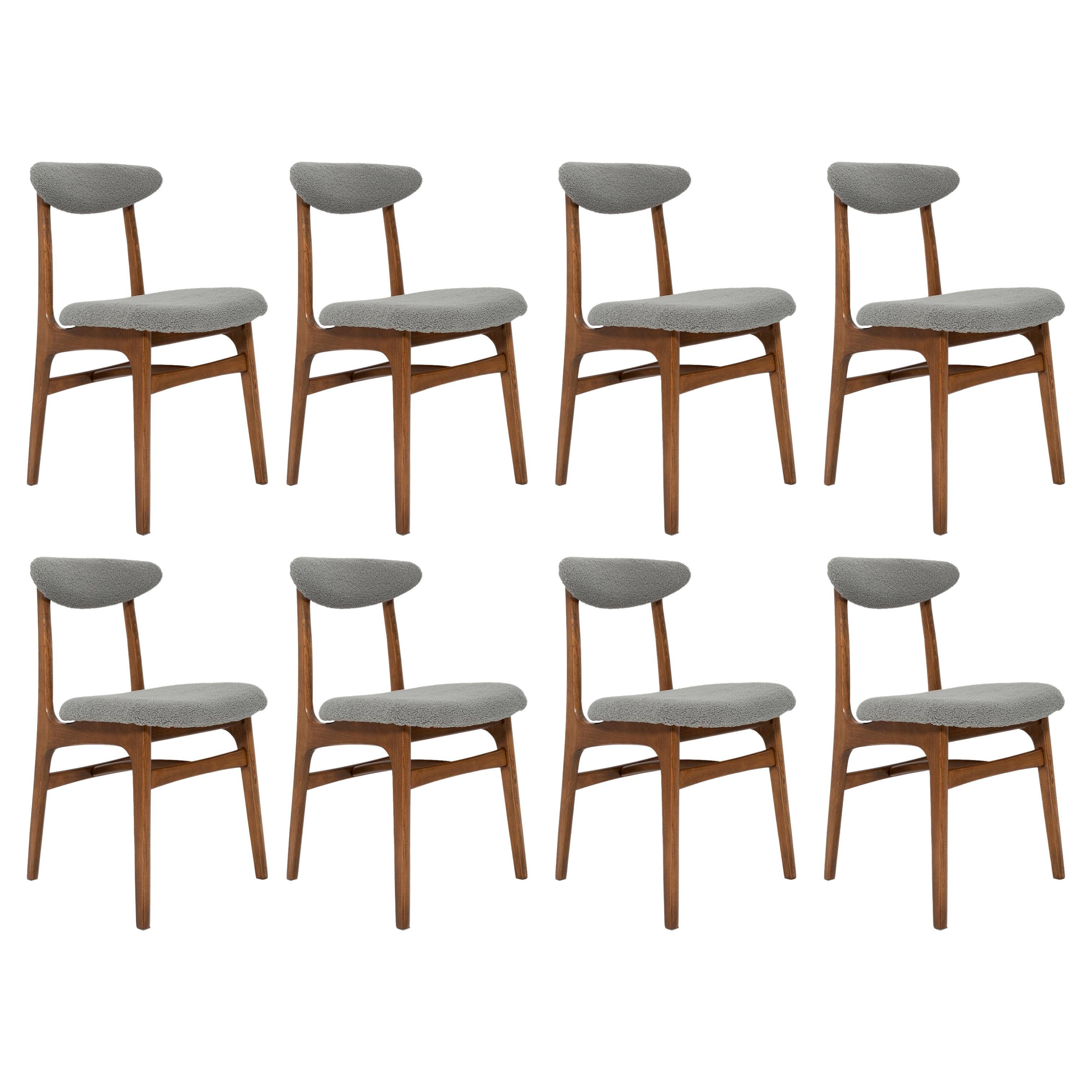 Set of Eight Mid Century Gray Boucle Chairs by Rajmund Halas, Poland, 1960s