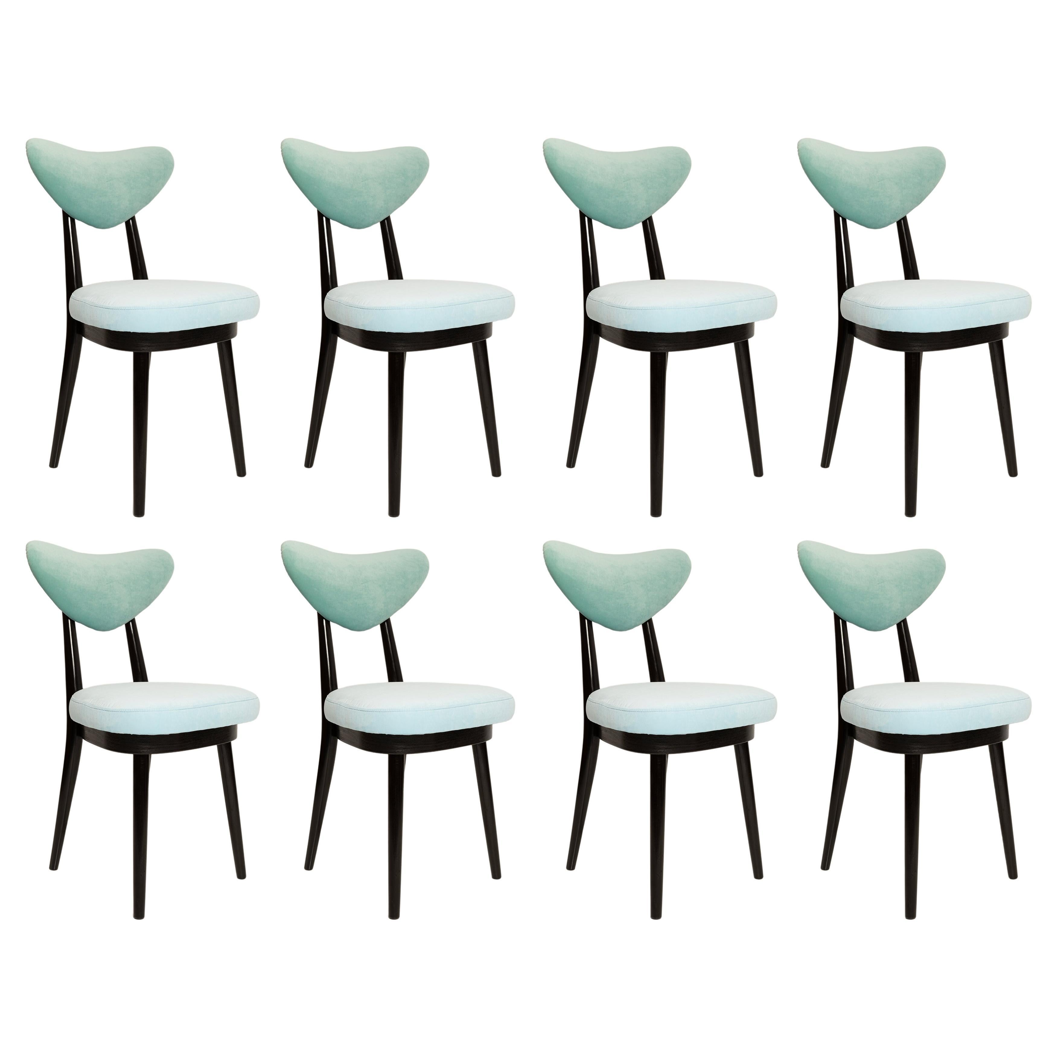 Set of Eight Mid Century Green and Blue Mixed Velvet Heart Chairs, Europe, 1960s