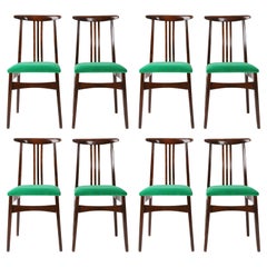 Vintage Set of Eight Mid Century Green Velvet Chairs Designed by Zielinski, Europe 1960s