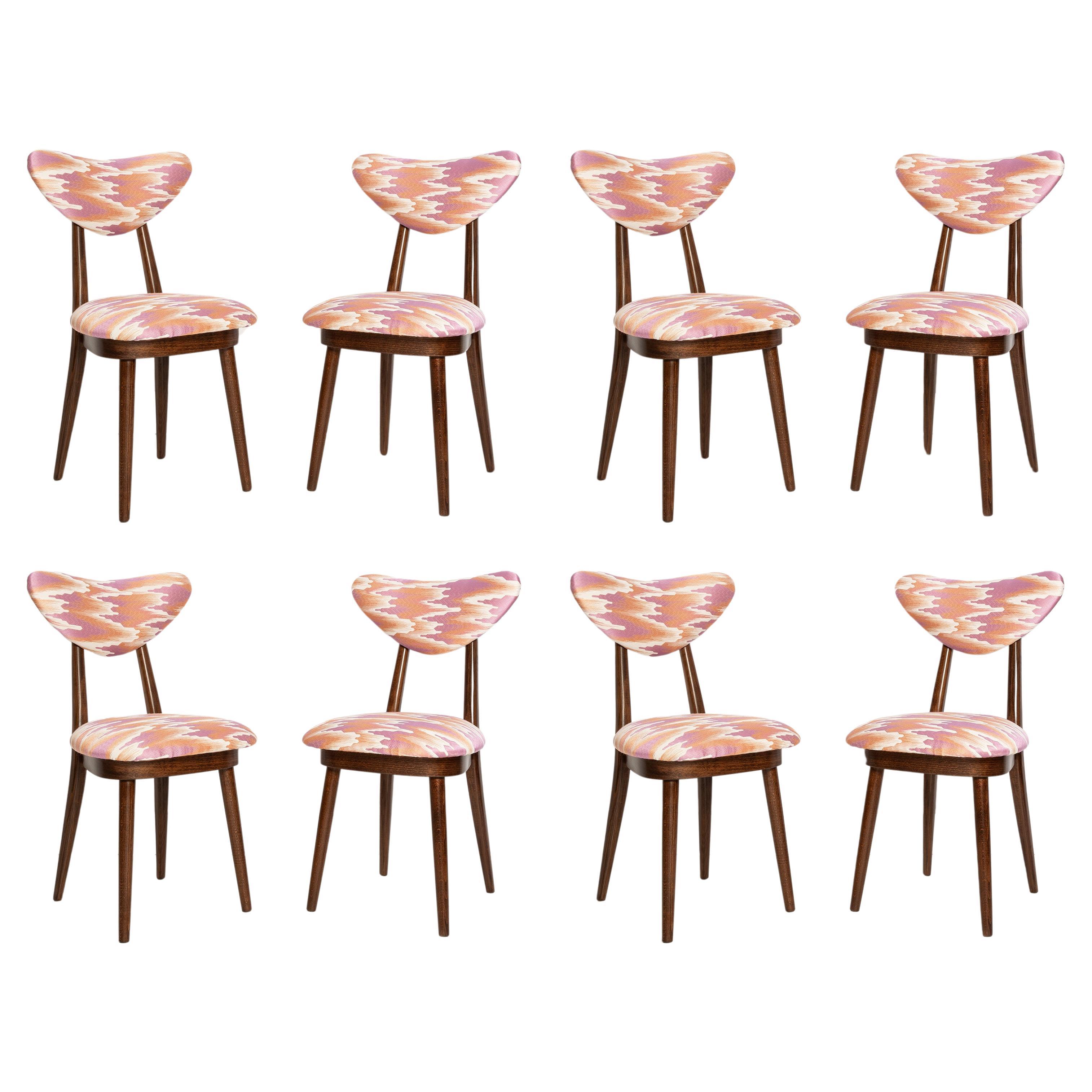 Conjunto de ocho sillas corazón de mediados de siglo, jacquard rosa fandango, Europa, años 60