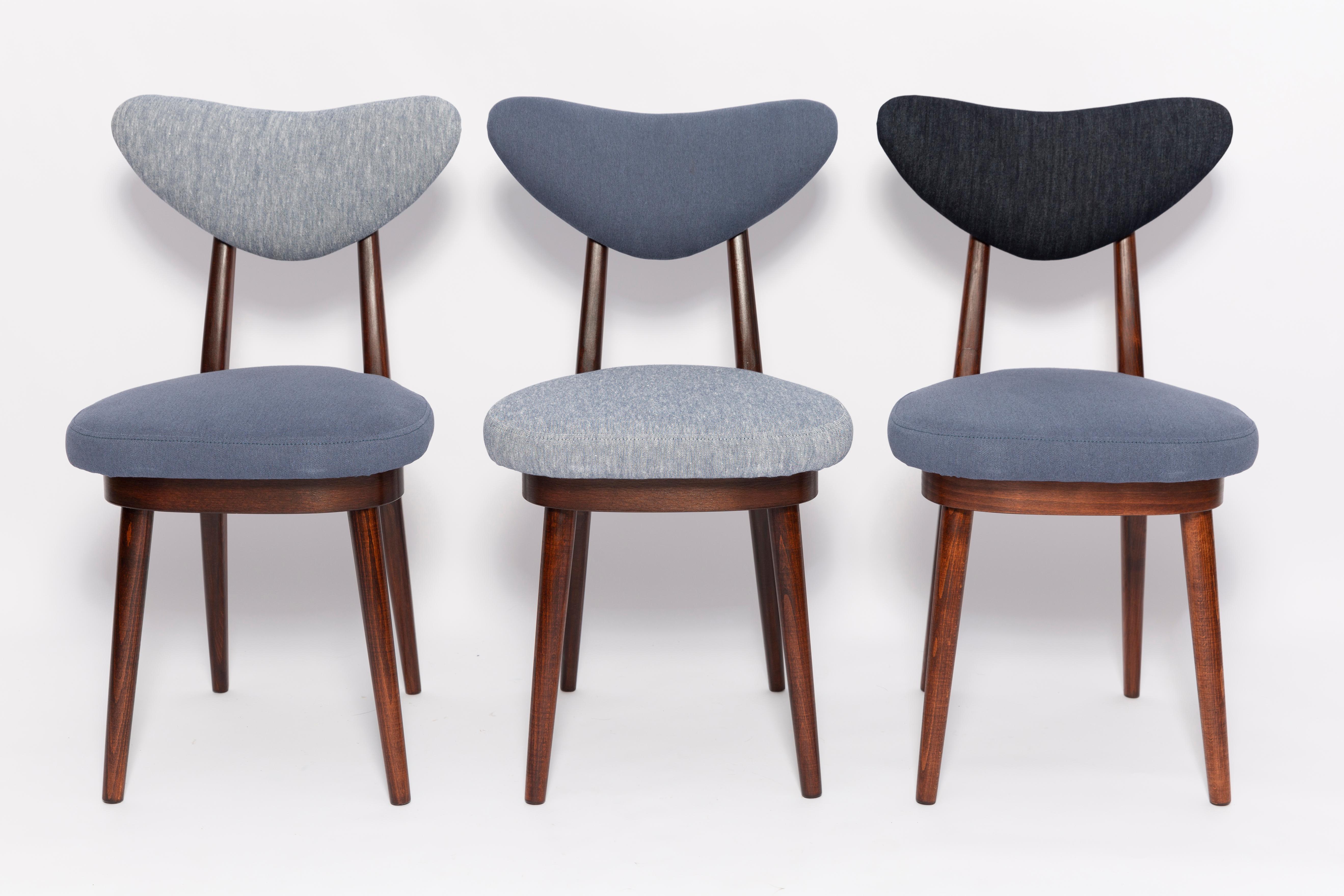 Set of Eight Midcentury Light and Dark Blue Denim Heart Chairs, Europe, 1960s For Sale 3