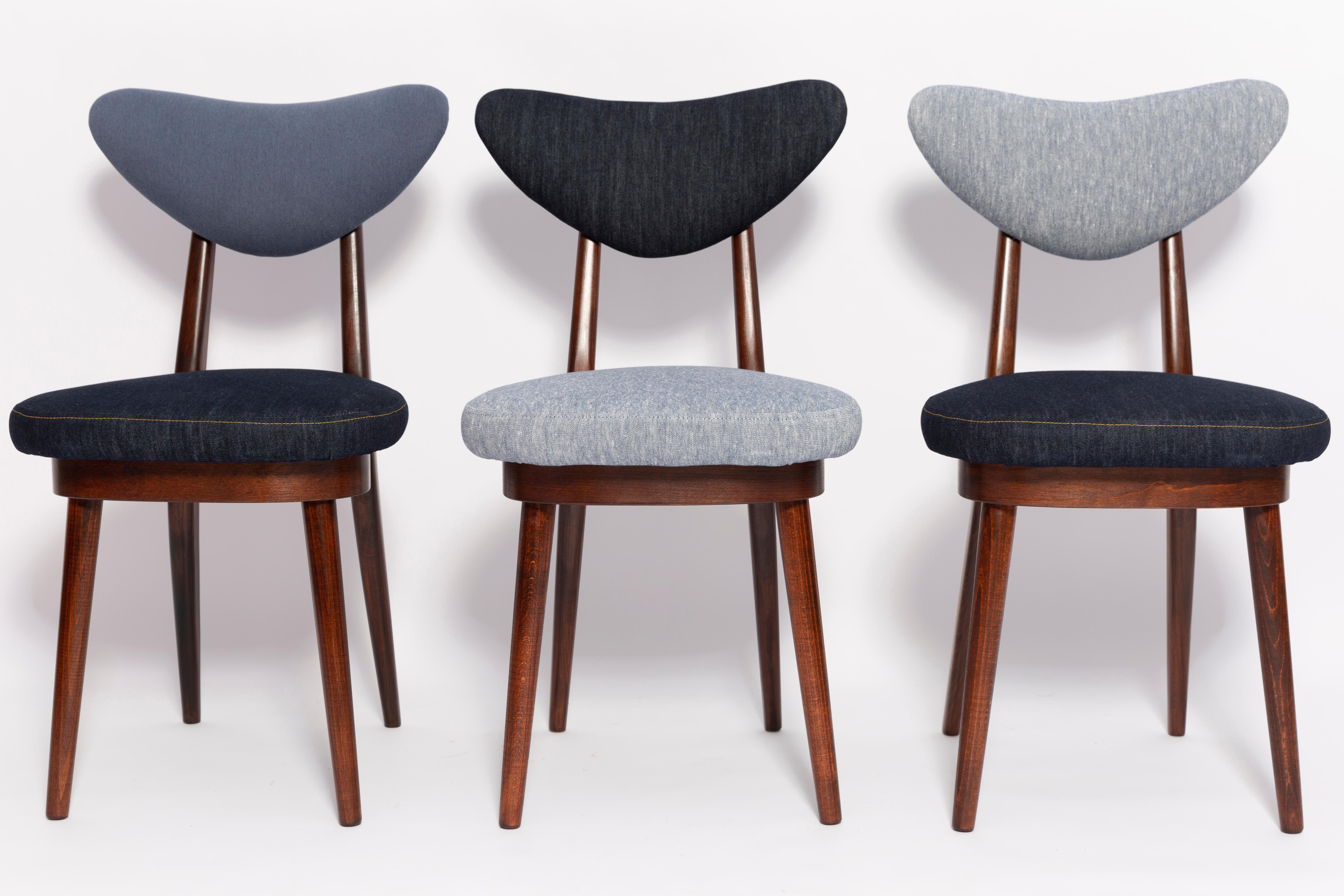 Set of Eight Midcentury Light and Dark Blue Denim Heart Chairs, Europe, 1960s For Sale 4