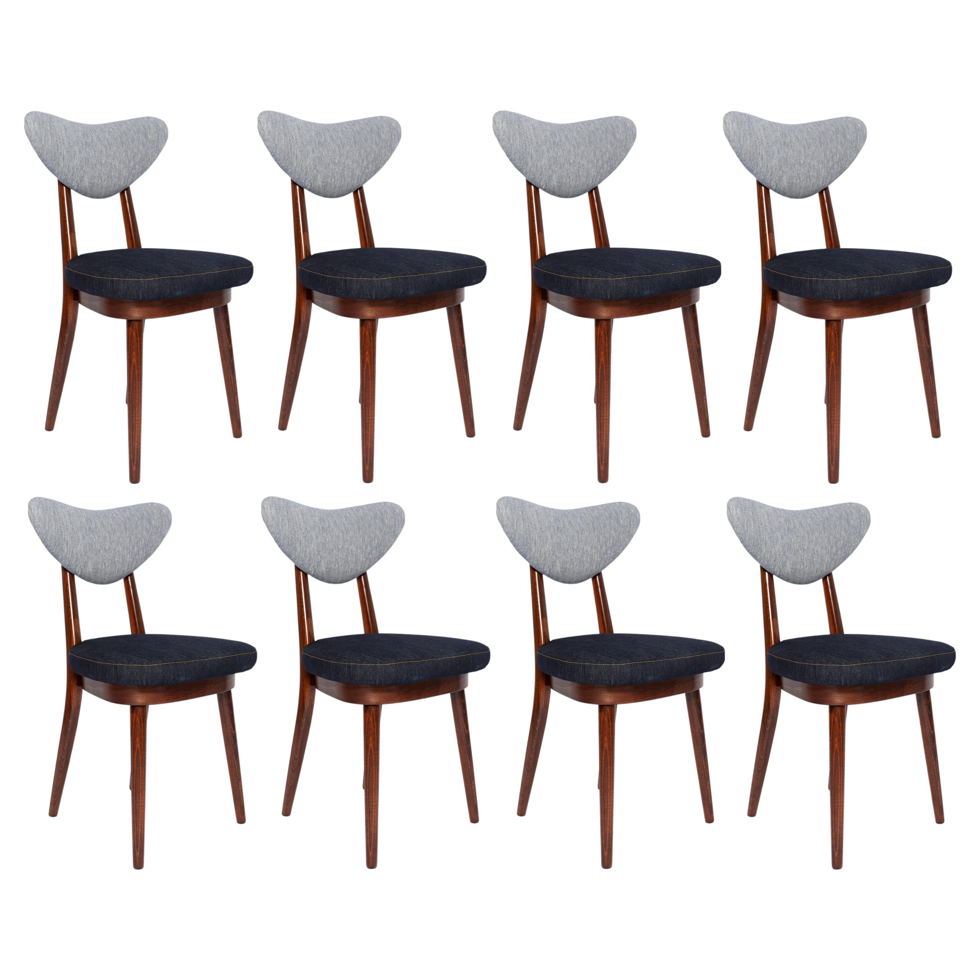 Set of Eight Midcentury Light and Dark Blue Denim Heart Chairs, Europe, 1960s For Sale
