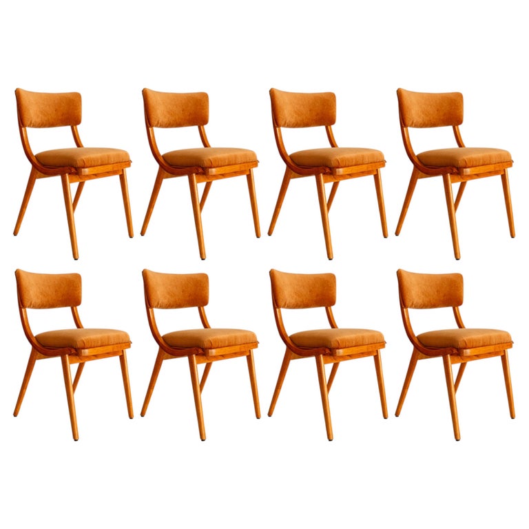 Set of Eight Mid Century Modern Bumerang Chairs, Rust Velvet, Poland, 1960s