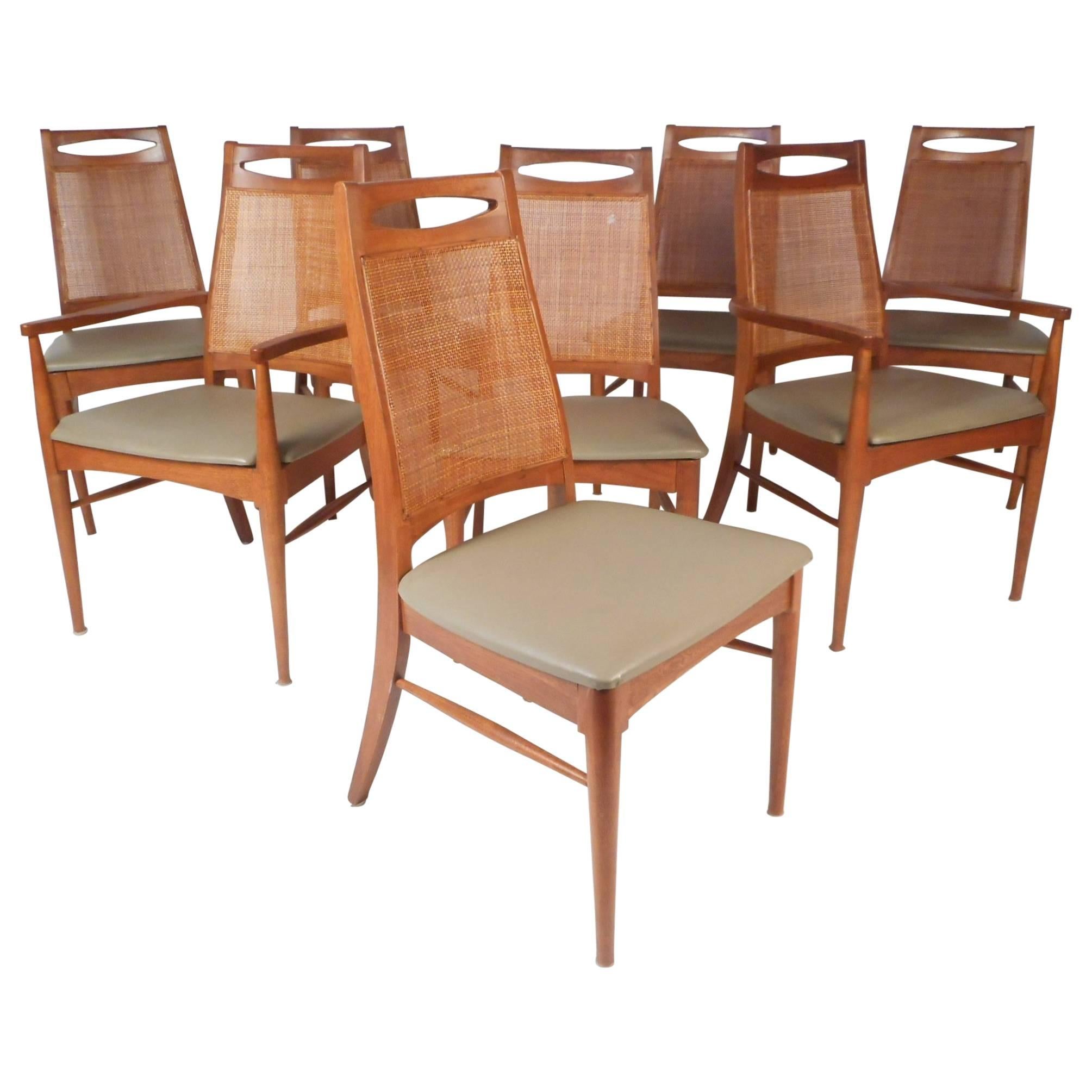 Set of Eight Mid-Century Modern Cane Back Dining Chairs