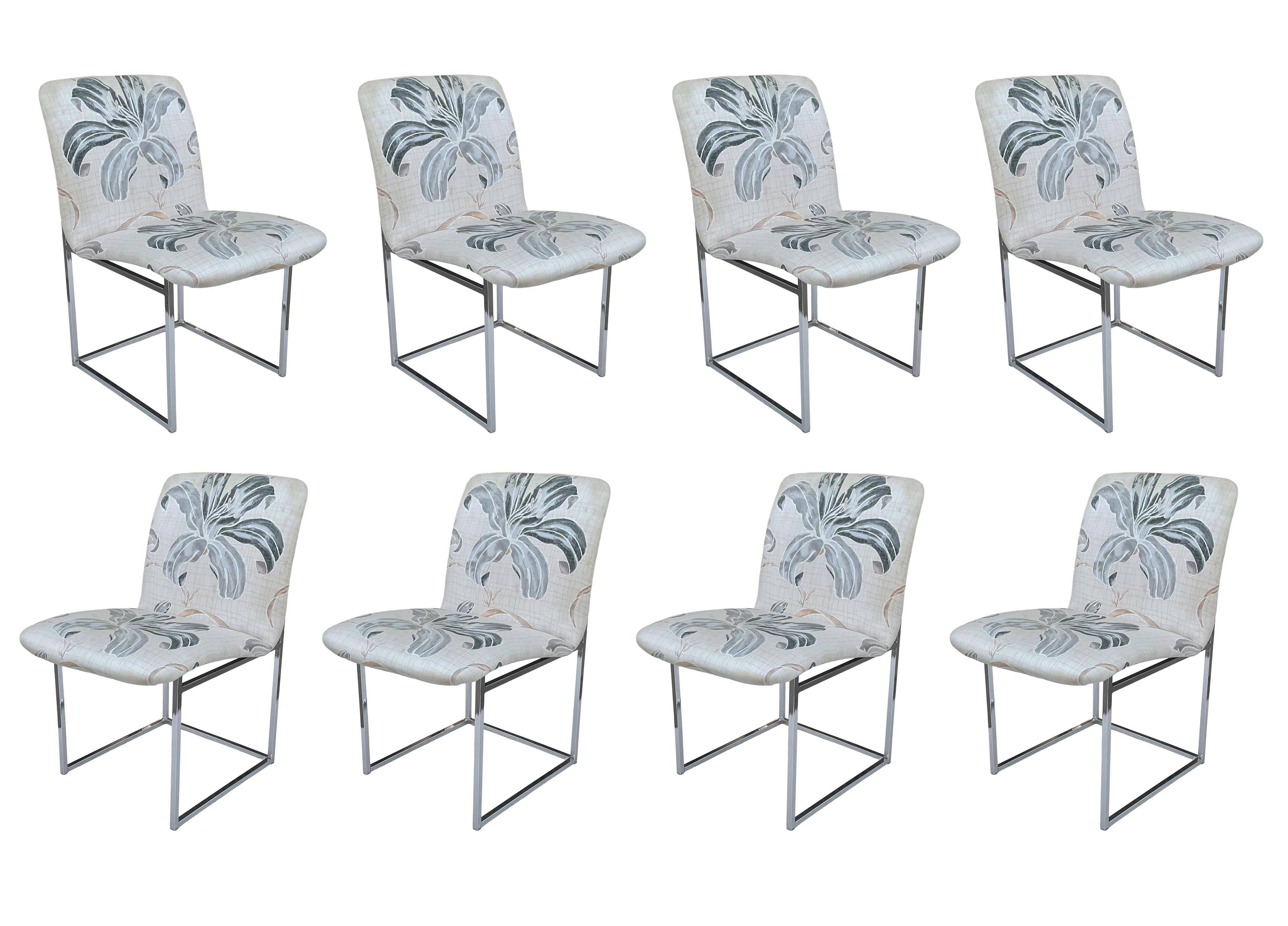 Fabric Set of Eight Mid-Century Modern Chrome Dining Chairs by Milo Baughman