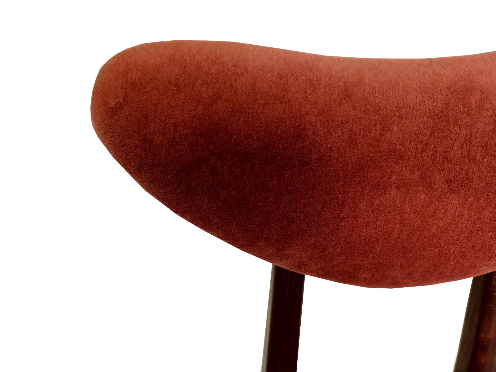 Hand-Crafted Set of Eight Mid Century Orange Velvet, Walnut Wood, Heart Chairs, Poland, 1960s For Sale