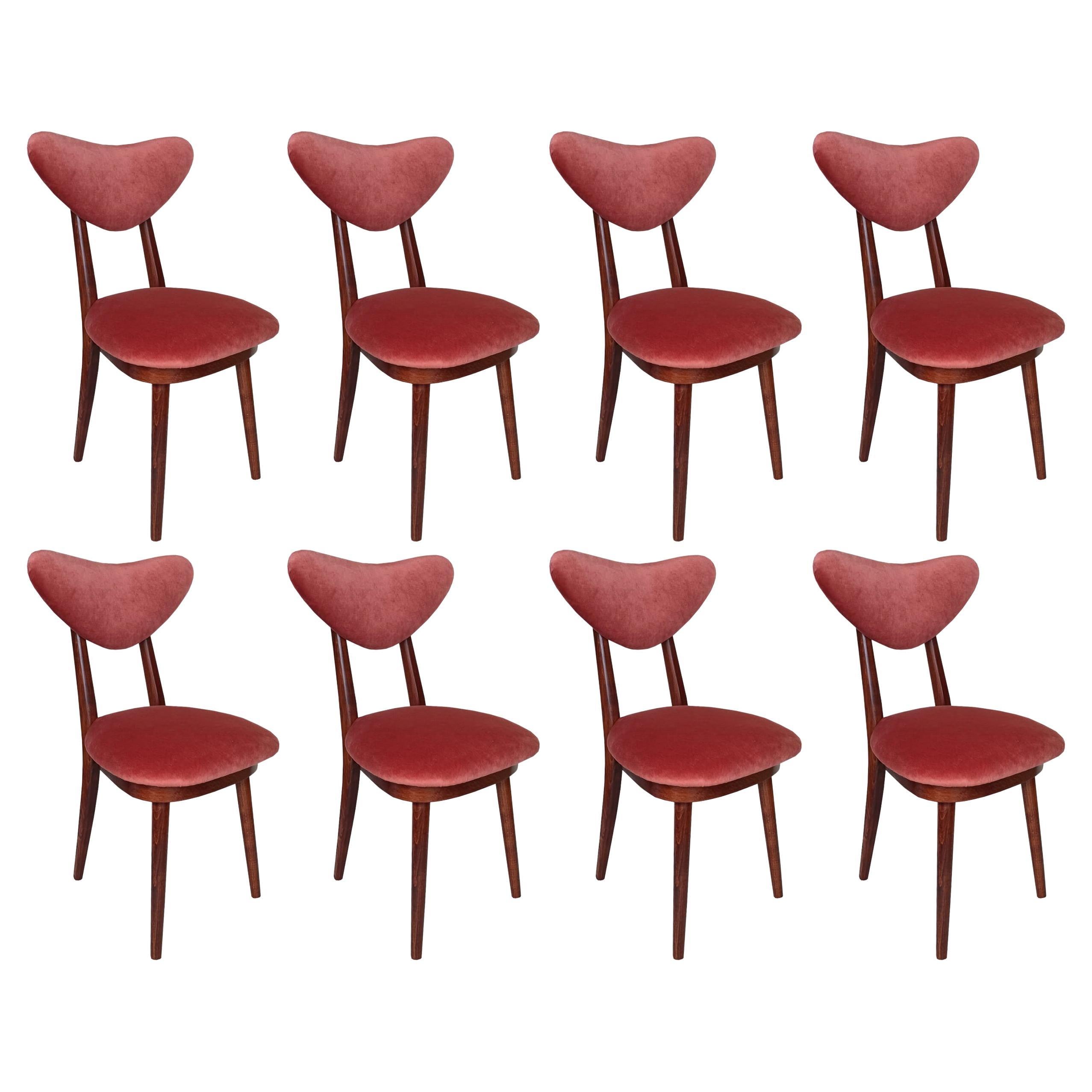 Set of Eight Mid Century Orange Velvet, Walnut Wood, Heart Chairs, Poland, 1960s For Sale