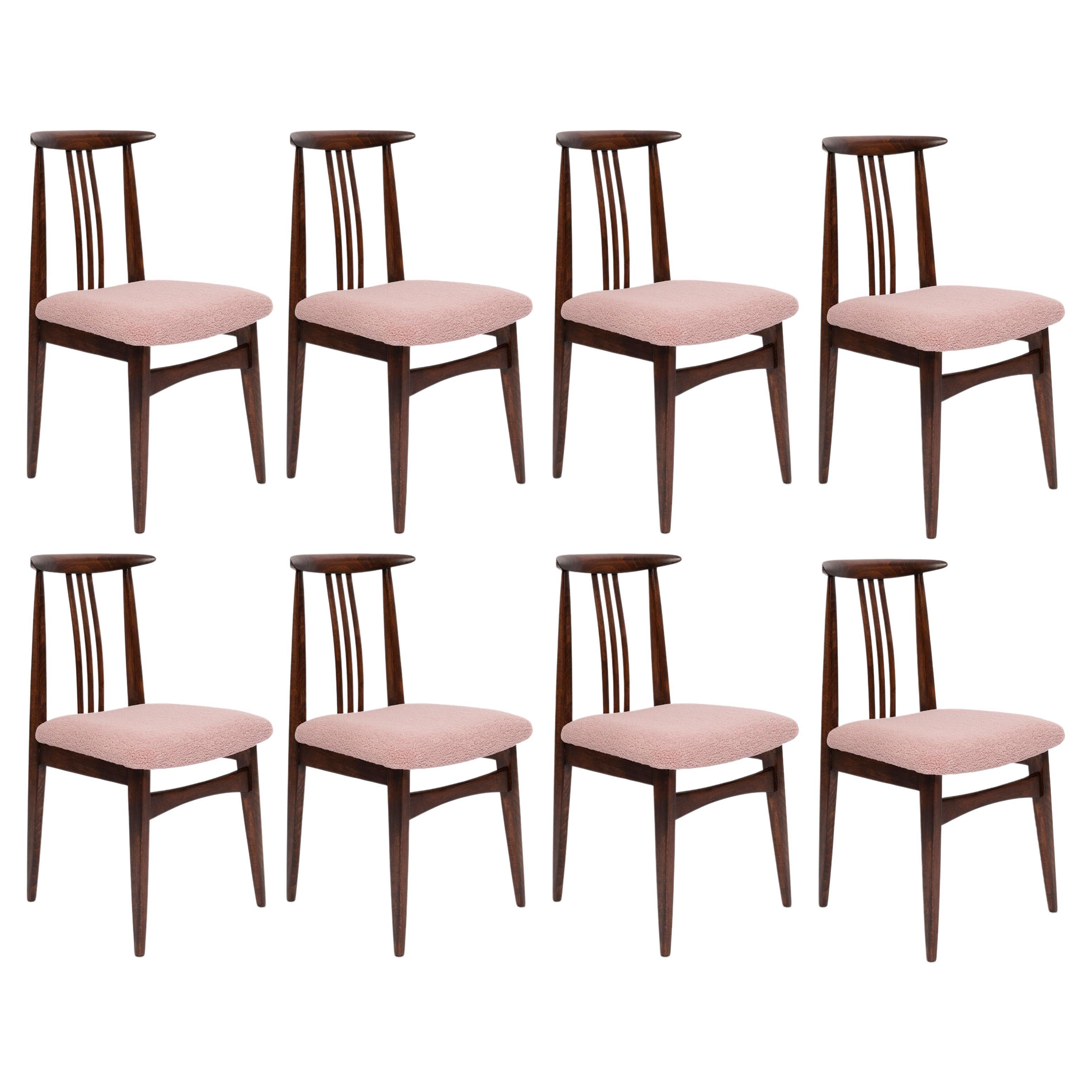 Ensemble de huit chaises rose poudré bouclé du milieu du siècle par M. Zielinski, Europe, années 1960 en vente