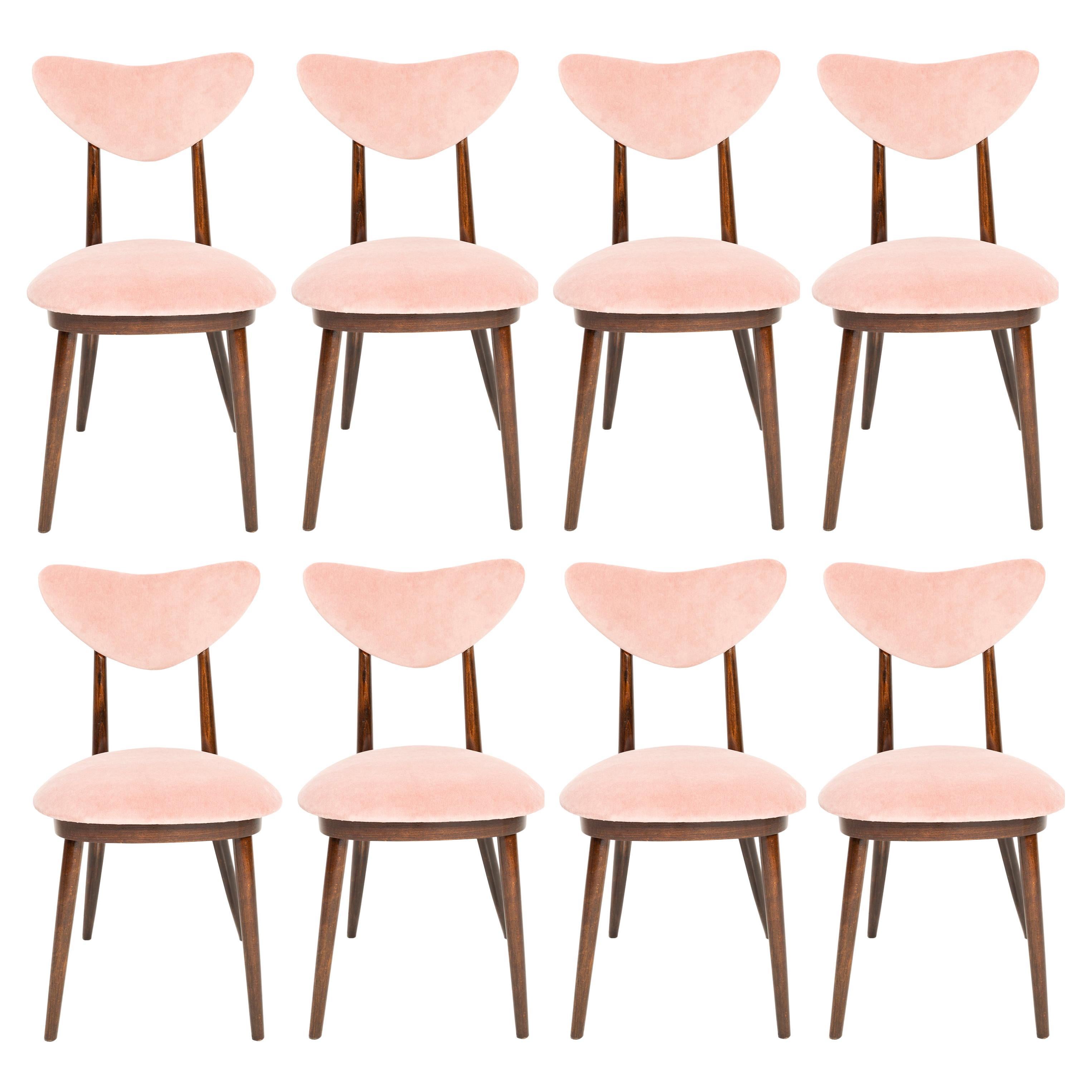 Ensemble de huit chaises en velours de coton rose en forme de cœur du milieu du siècle, Europe, années 1960