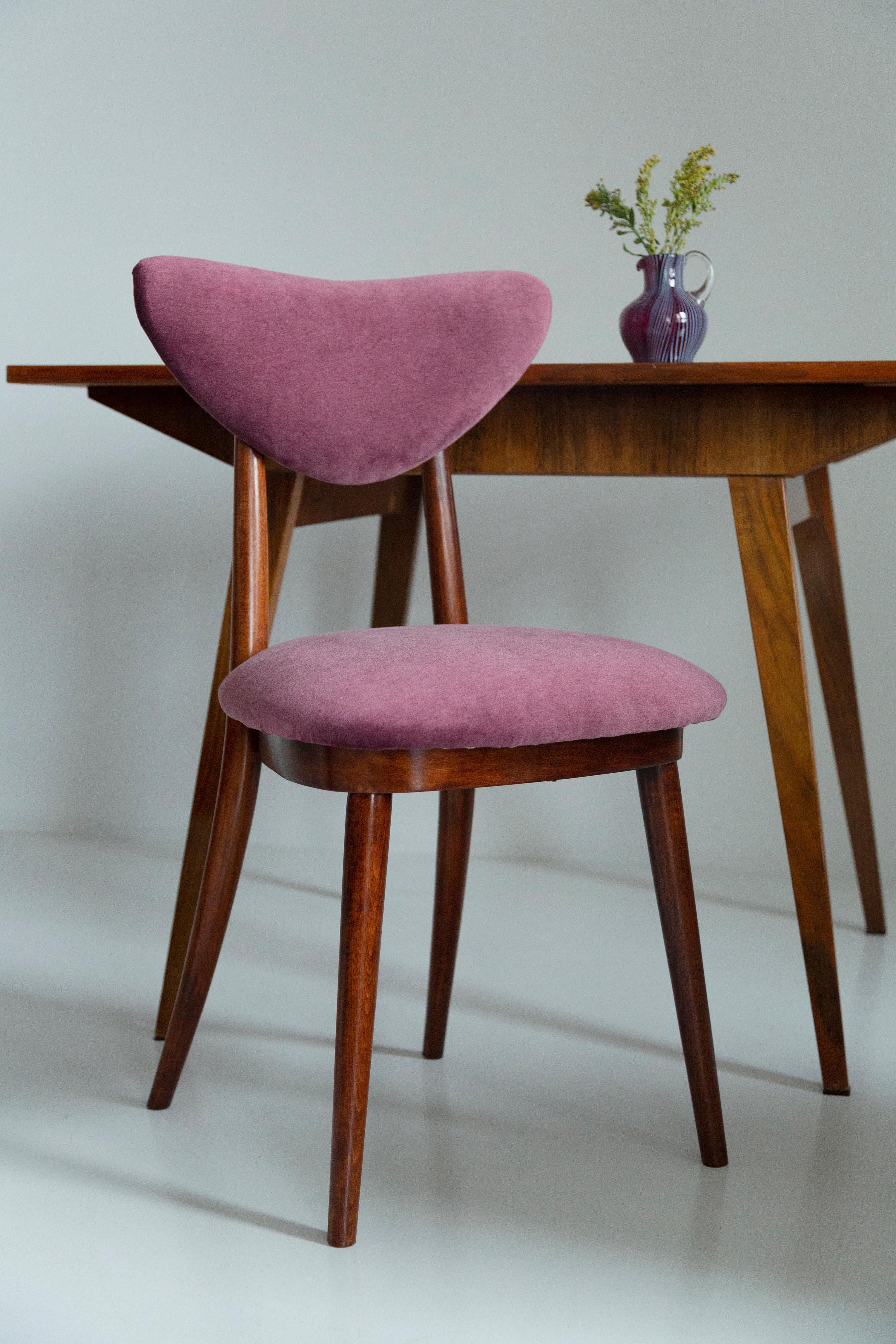 Polish Set of Eight Midcentury Plum Violet Velvet Heart Chairs, Europe, 1960s For Sale