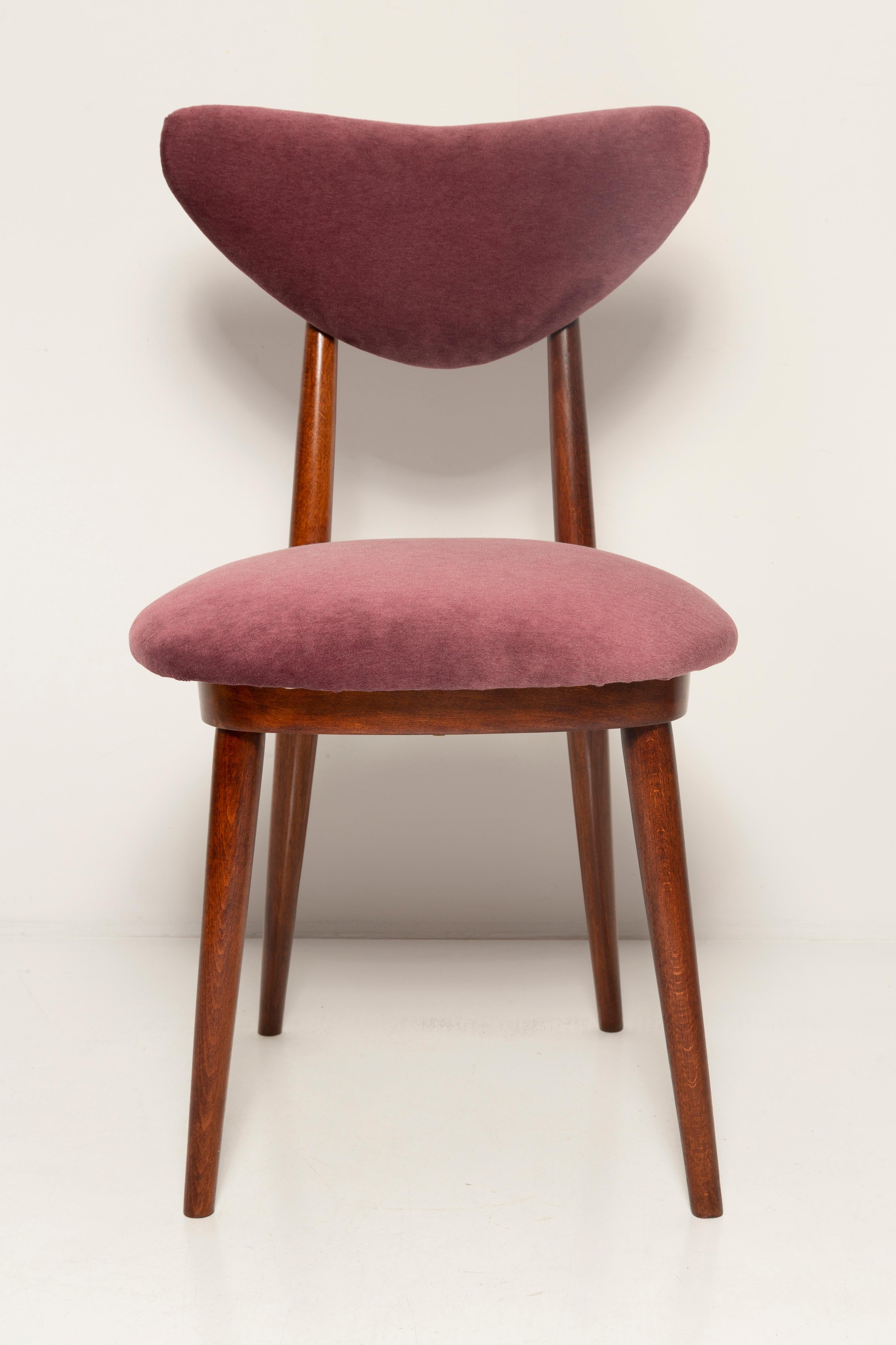 20th Century Set of Eight Midcentury Plum Violet Velvet Heart Chairs, Europe, 1960s For Sale