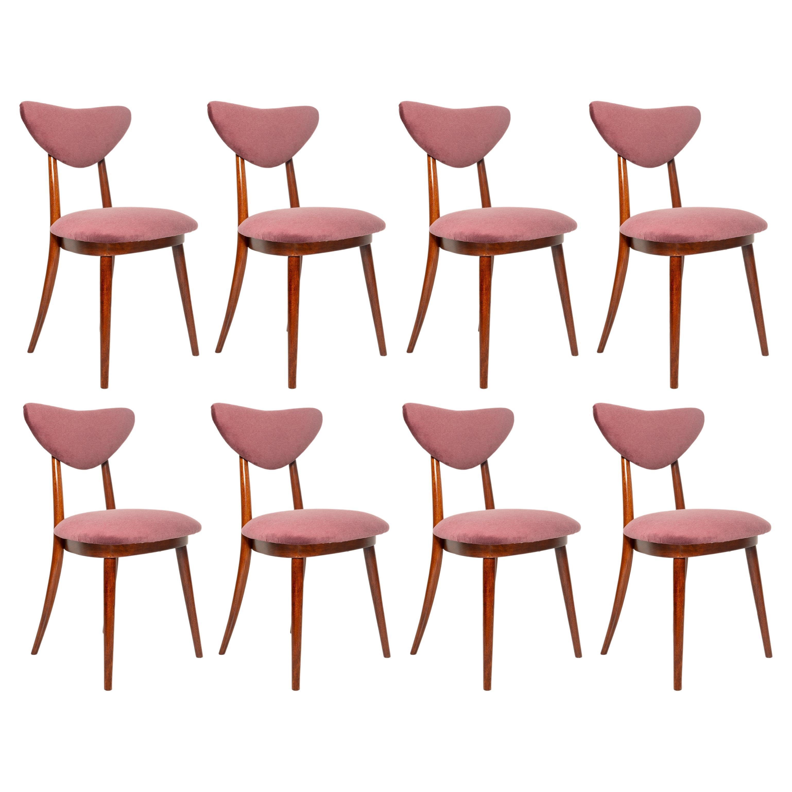 Set of Eight Midcentury Plum Violet Velvet Heart Chairs, Europe, 1960s For Sale