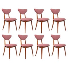 Vintage Set of Eight Midcentury Plum Violet Velvet Heart Chairs, Europe, 1960s