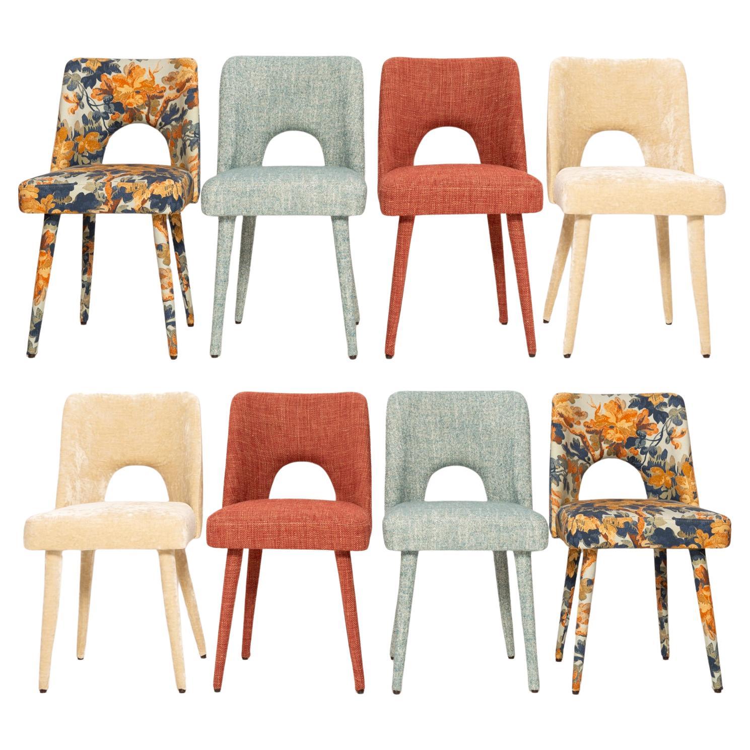 Set of Eight Mid Century Shell Mixed Chairs, fabrics by Pierre Frey, 1960s For Sale
