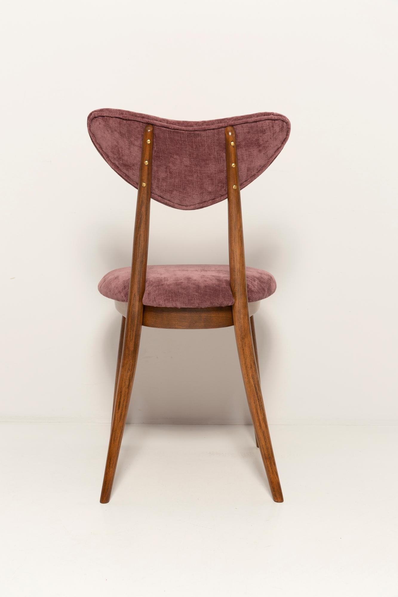 Set of Eight Midcentury Violet Velvet, Walnut Wood Heart Chairs, Europe, 1960 For Sale 5