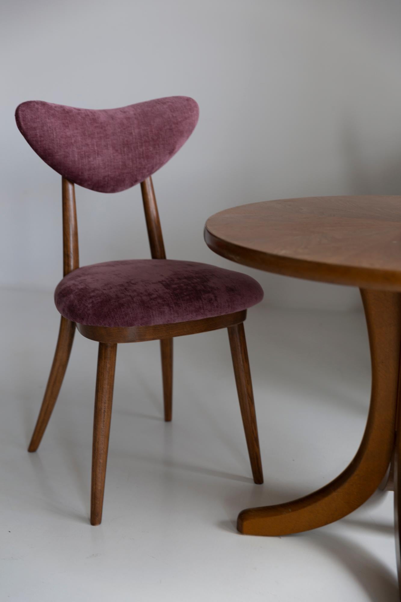 Mid-Century Modern Set of Eight Midcentury Violet Velvet, Walnut Wood Heart Chairs, Europe, 1960 For Sale