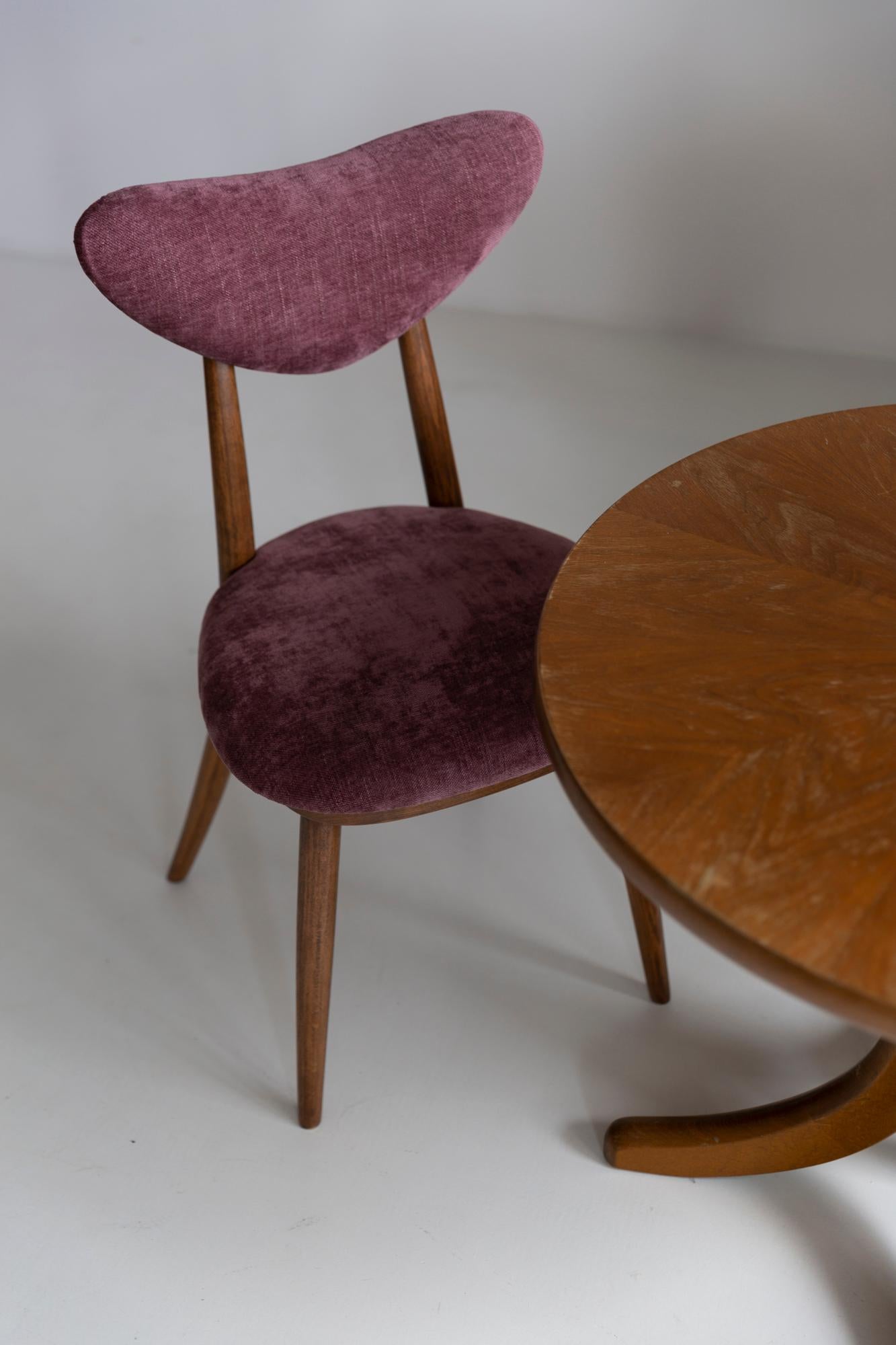 Polish Set of Eight Midcentury Violet Velvet, Walnut Wood Heart Chairs, Europe, 1960 For Sale