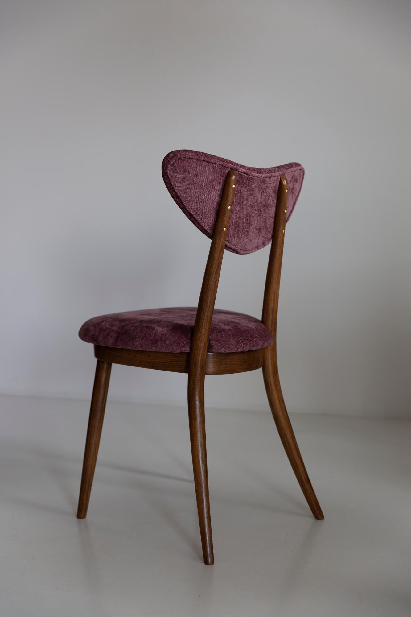 Hand-Crafted Set of Eight Midcentury Violet Velvet, Walnut Wood Heart Chairs, Europe, 1960 For Sale